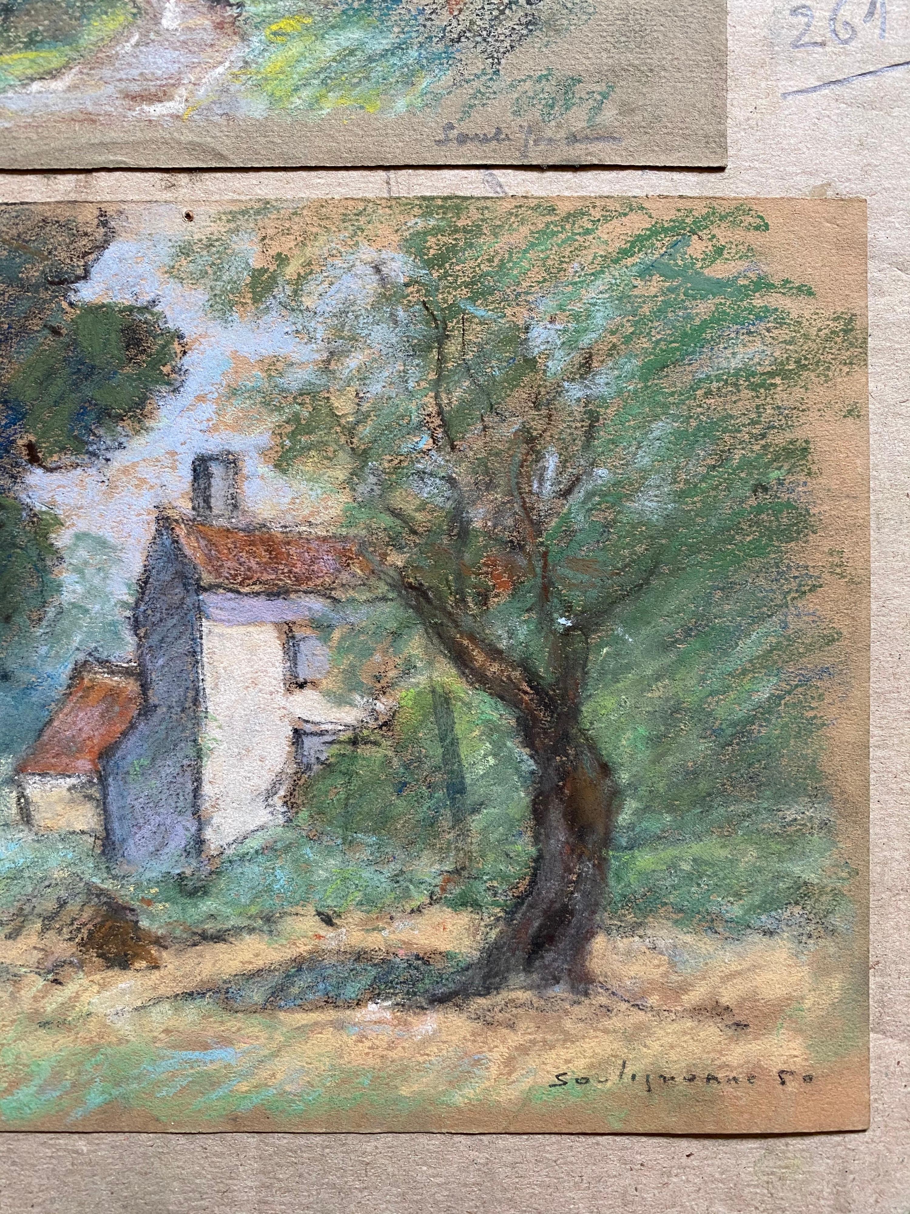 Due antichi dipinti impressionisti francesi a pastello Paesaggi illuminati dal sole - Painting di Unknown