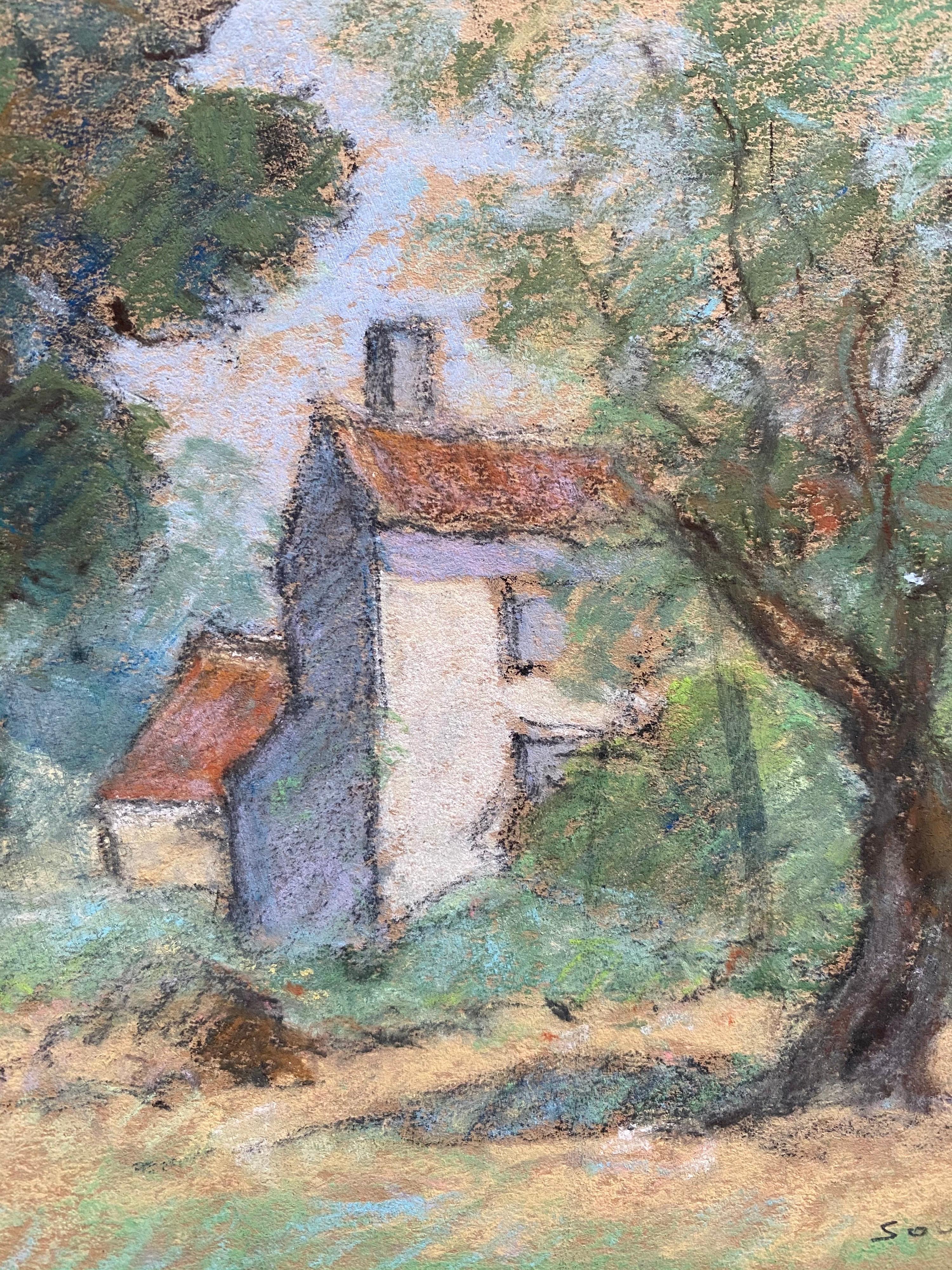 Due antichi dipinti impressionisti francesi a pastello Paesaggi illuminati dal sole - Landscape Painting Grigio di Unknown