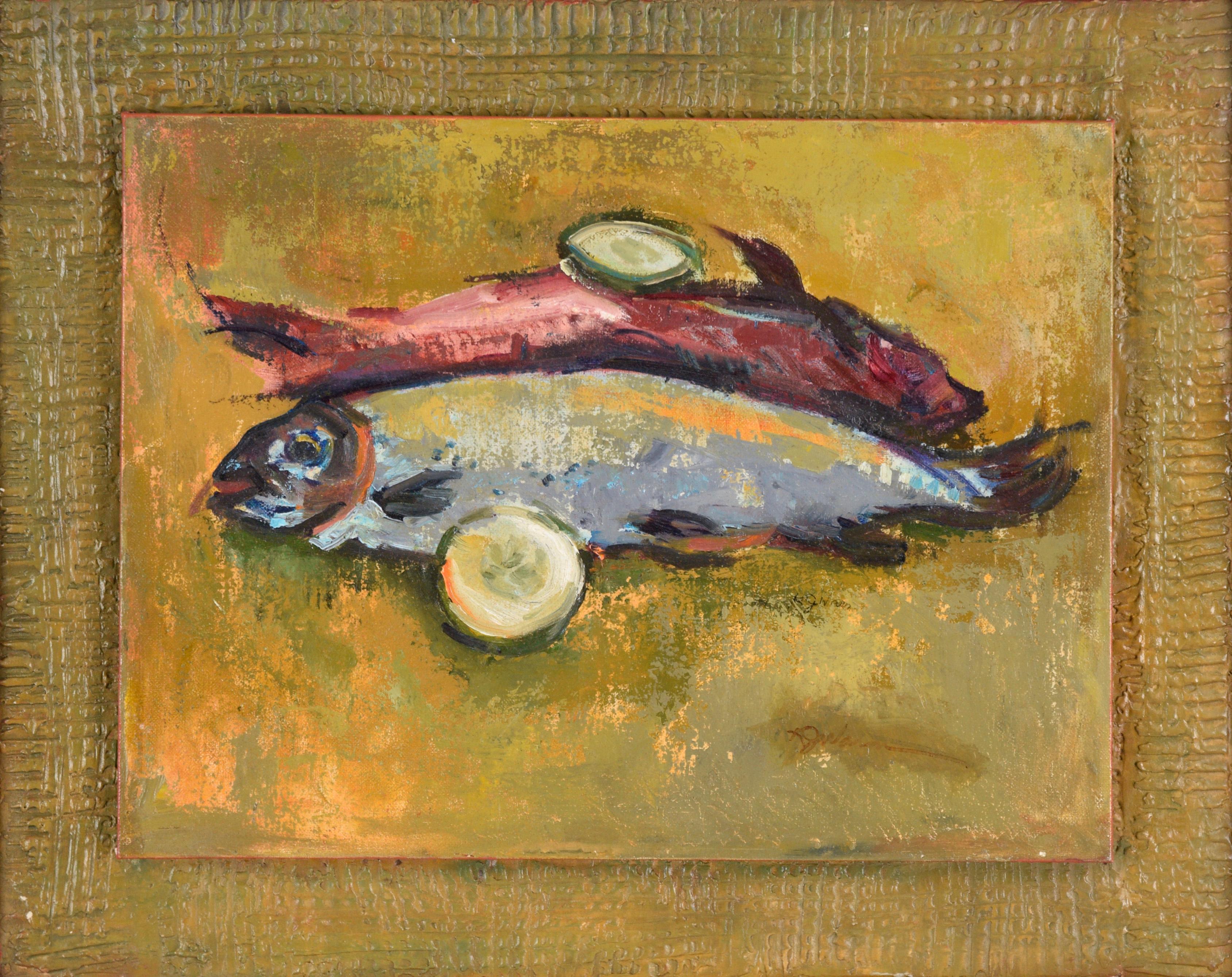 Due pesci cotti con guarnizioni - Natura morta ad olio su tavola d'artista - Painting di Unknown