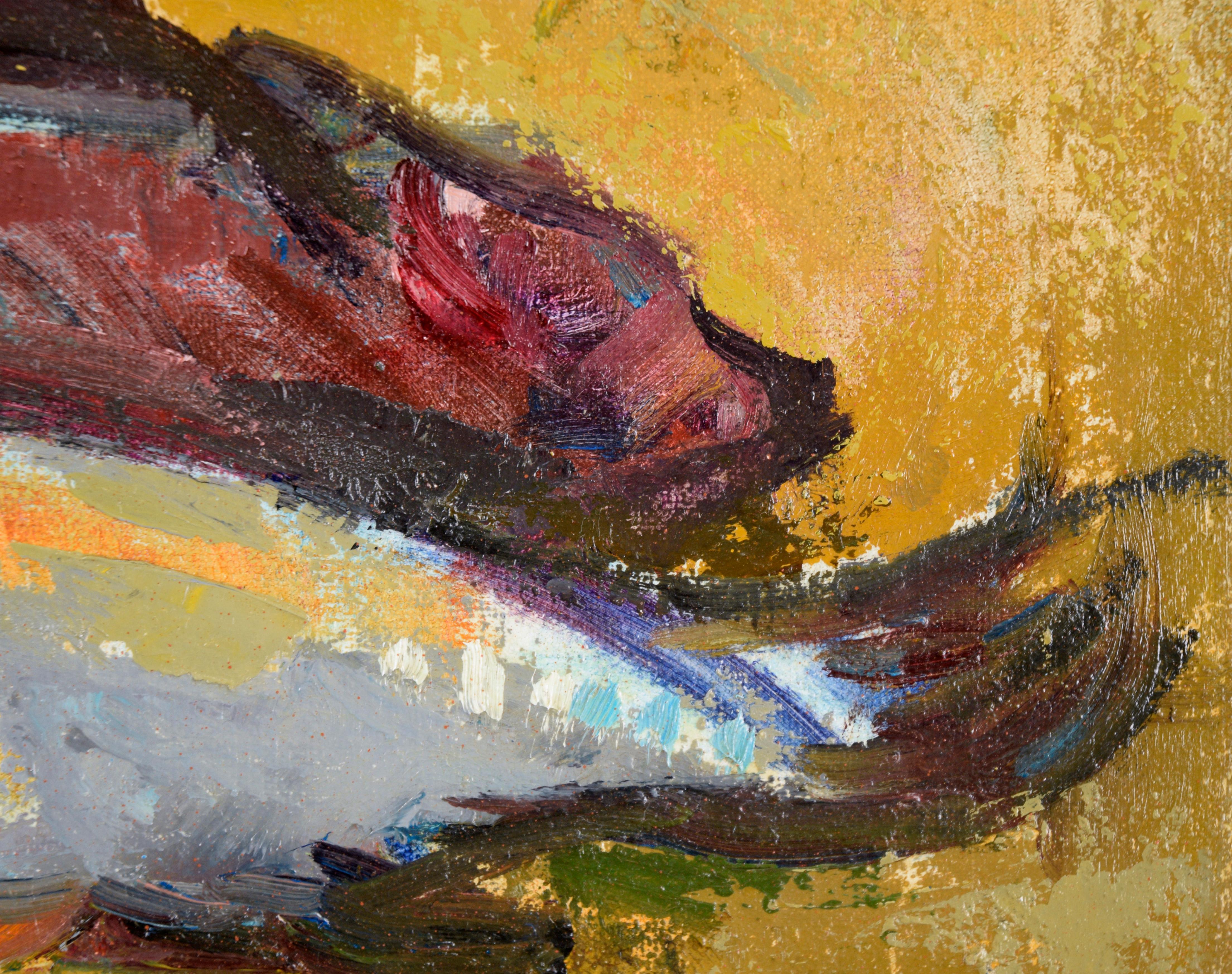 Deux poissons Cook avec garniture - Nature morte à l'huile sur carton d'artiste en vente 1