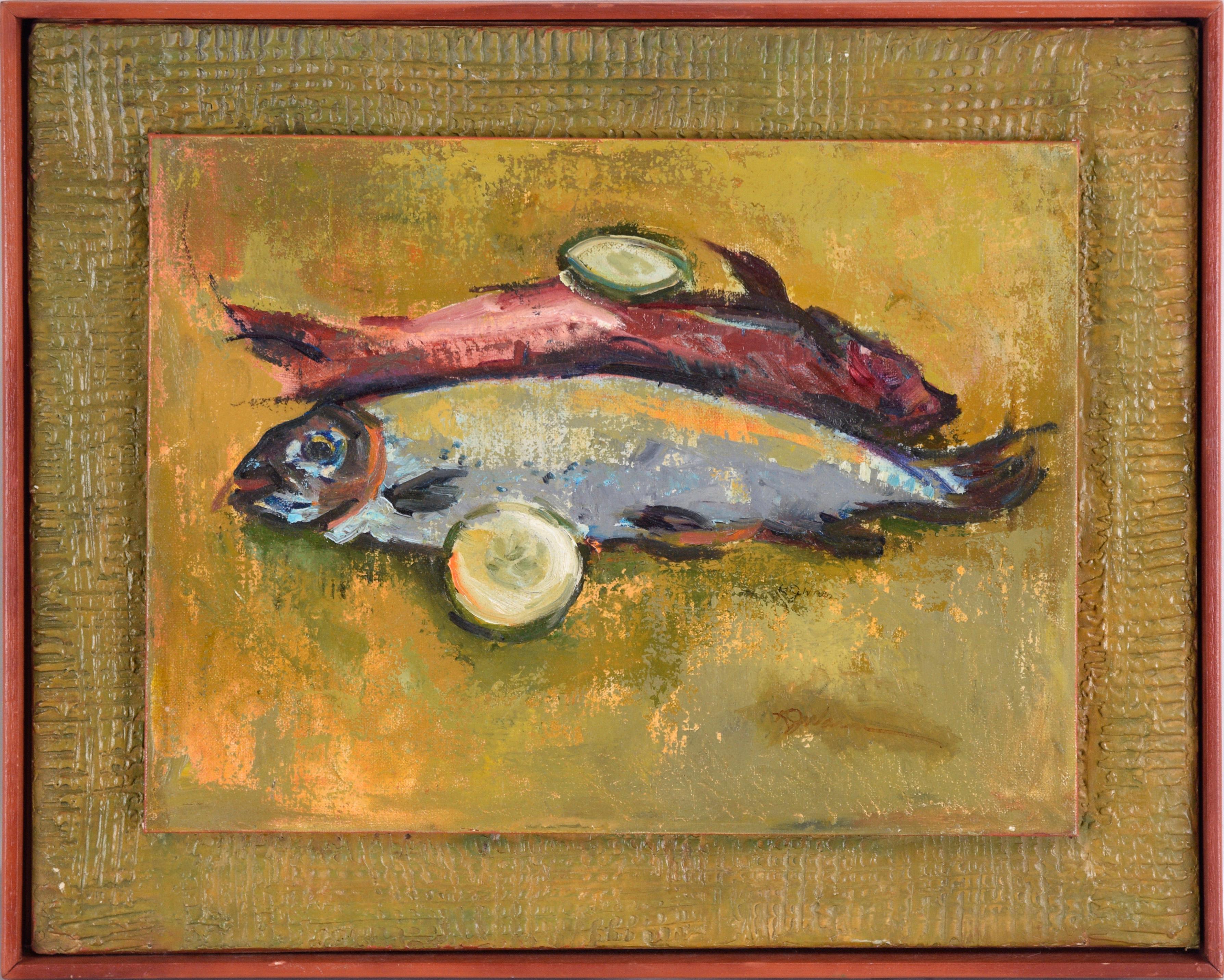 Zwei gebackene Fische mit Granat – Stillleben in Öl auf Künstlerkarton