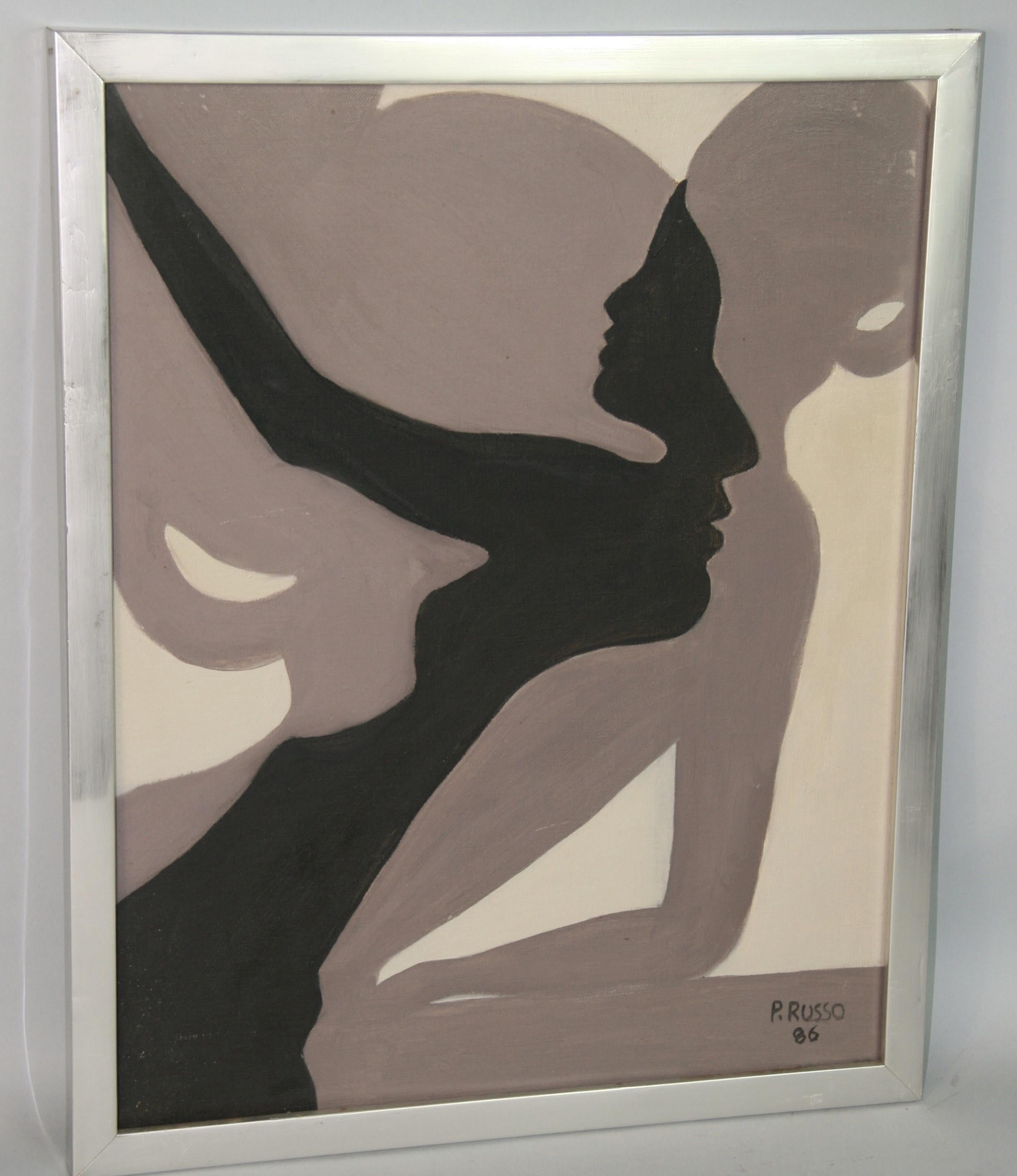 Two Faces of Gemini oil Painting  1986 - Gray Abstract Painting by Unknown