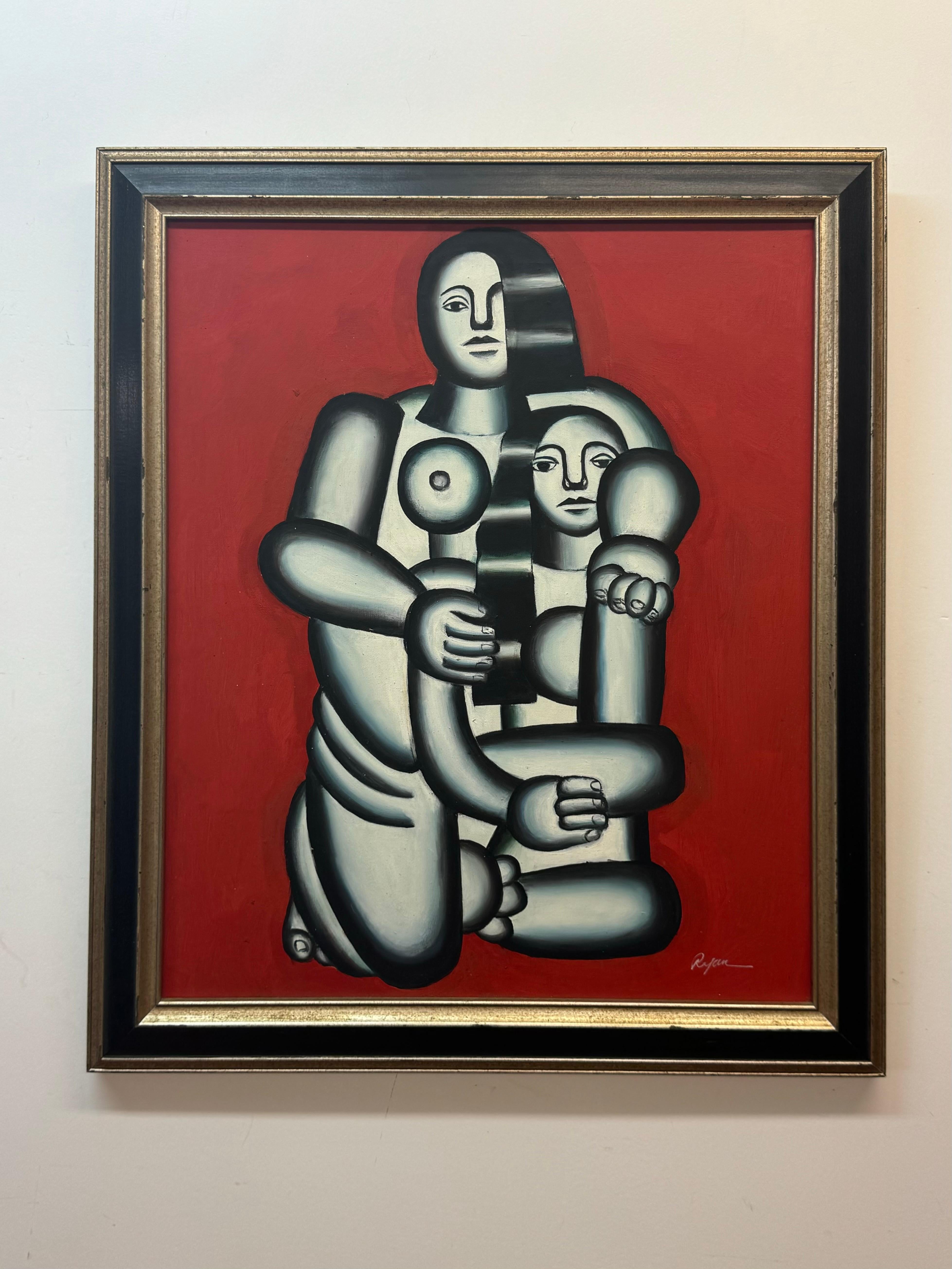 Figurative Painting de Unknown - Después de Fernando Leger "Dos figuras, desnudas sobre fondo rojo"