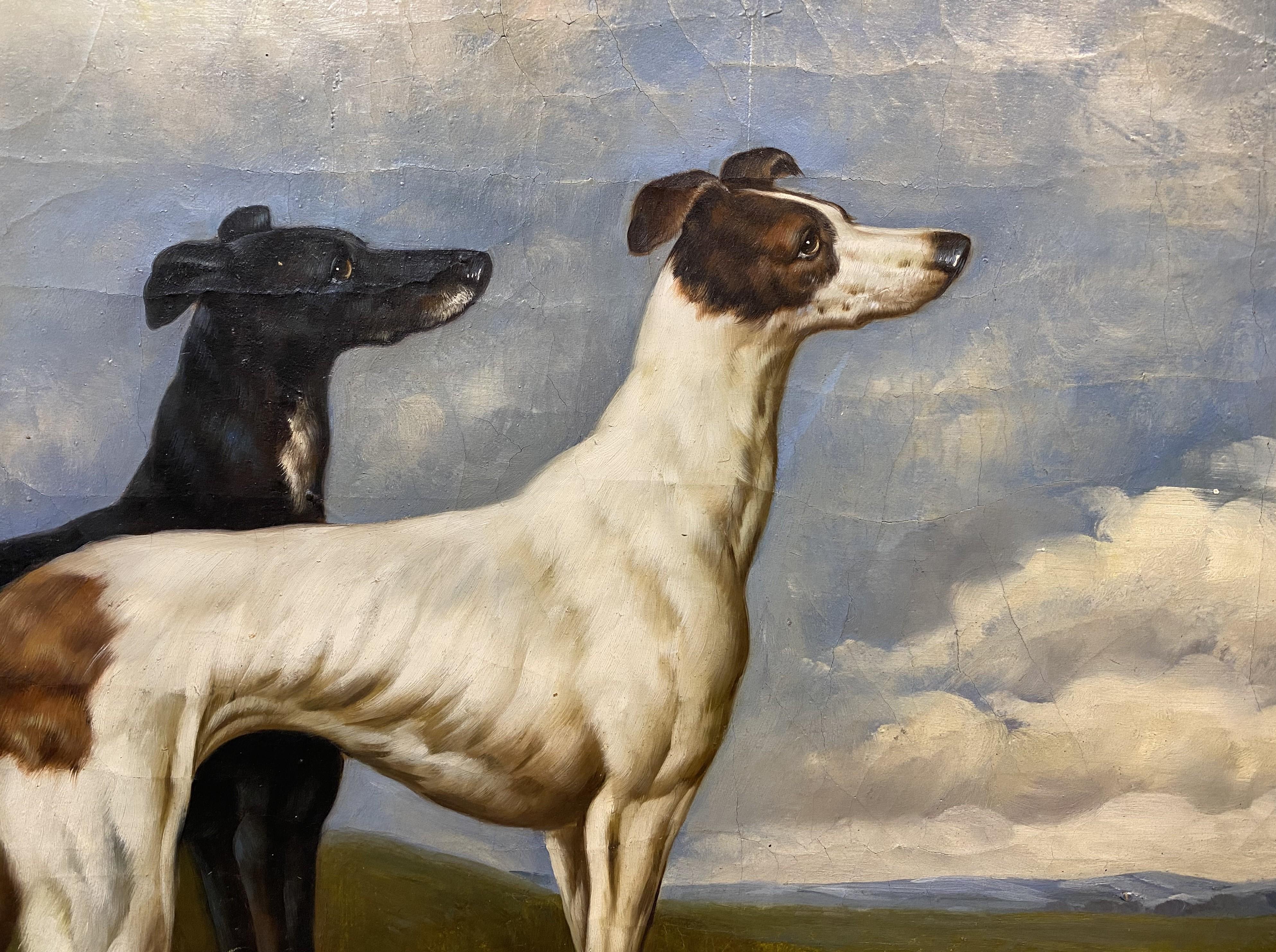 Un óleo sobre lienzo, muy bien detallado, colocado sobre tabla, de dos perros galgos con un paisaje ondulado de fondo, firmado indistintamente abajo a la izquierda, y alojado en un marco de madera de burl a medida. Data del siglo XIX. Dimensiones: