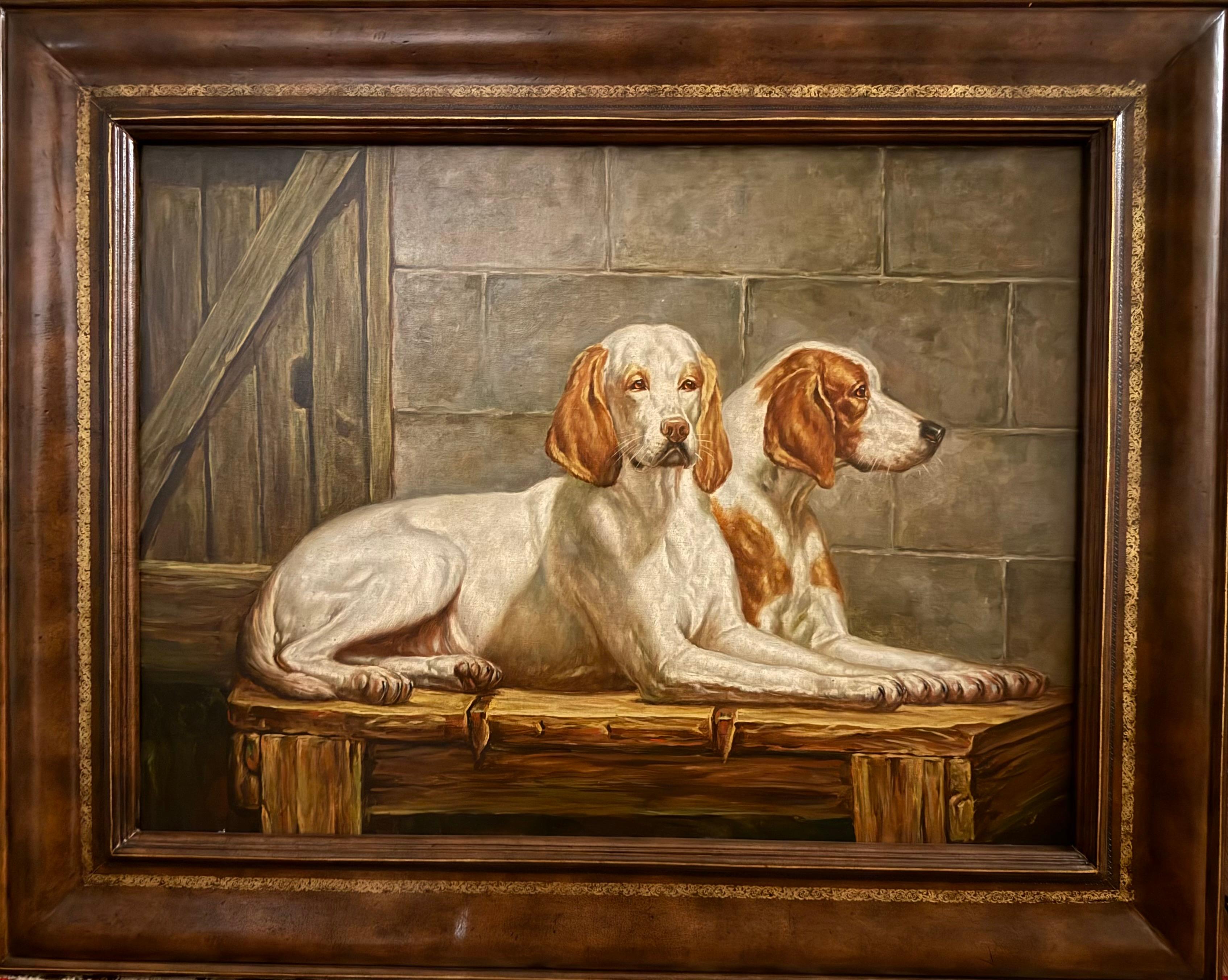 Dos sabuesos Siglo XX Óleo, lienzo sobre tabla