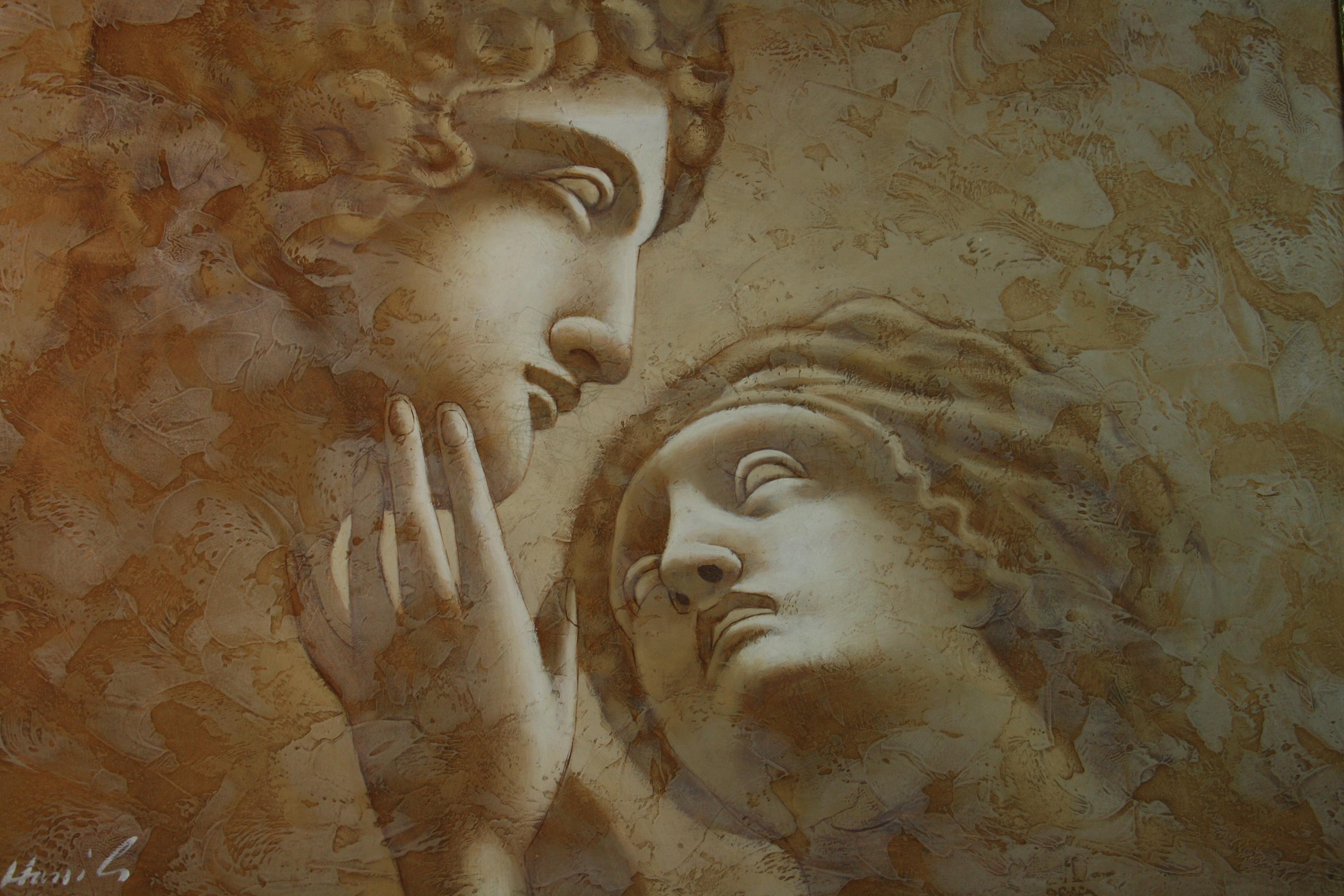 Two Lovers Italian  Renaissance Figural Oil Painting - Brown Figurative Painting by Unknown