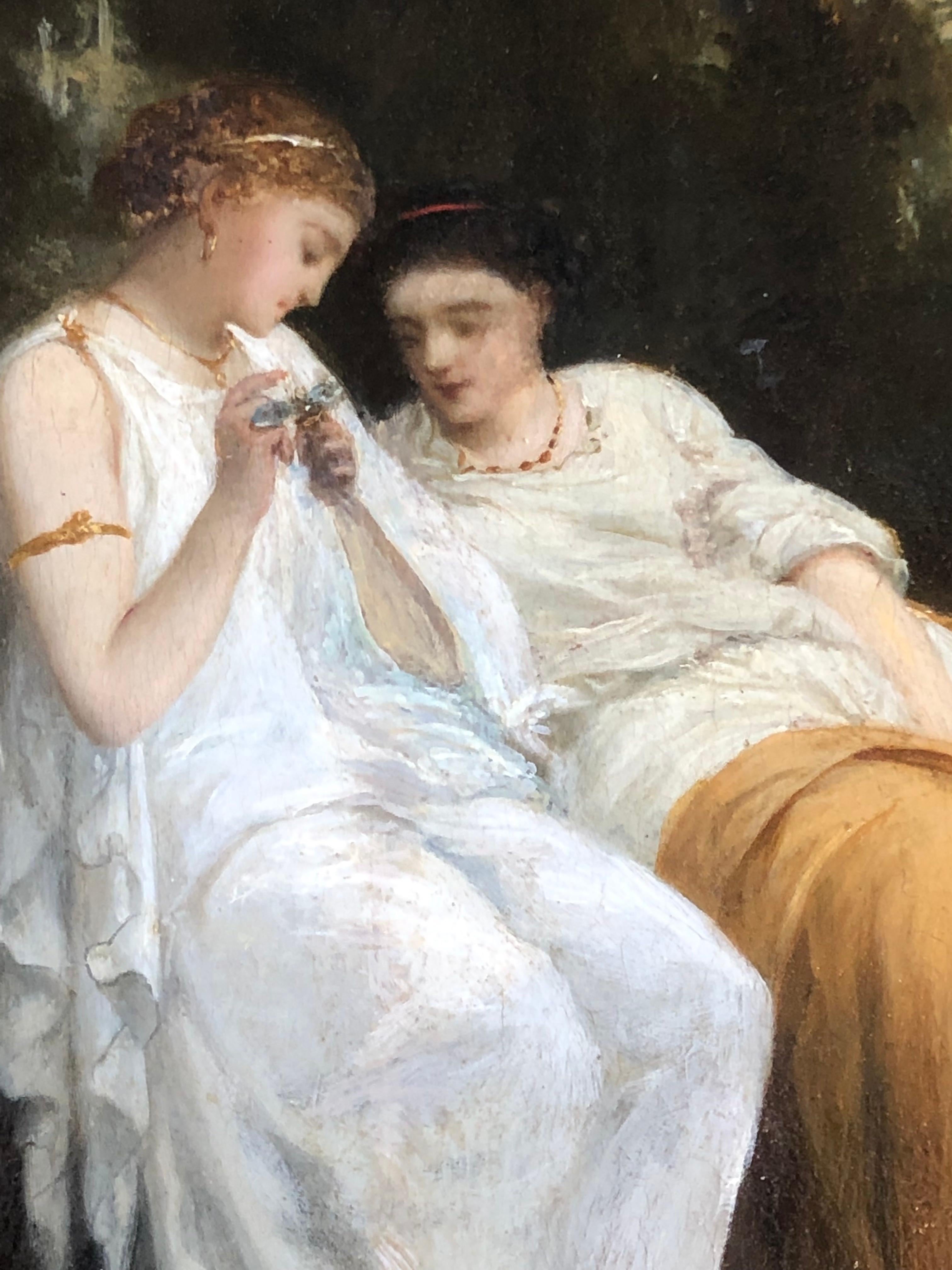 Deux femmes assises, l'une tenant une libellule
Non signé, huile sur panneau de bois 14 