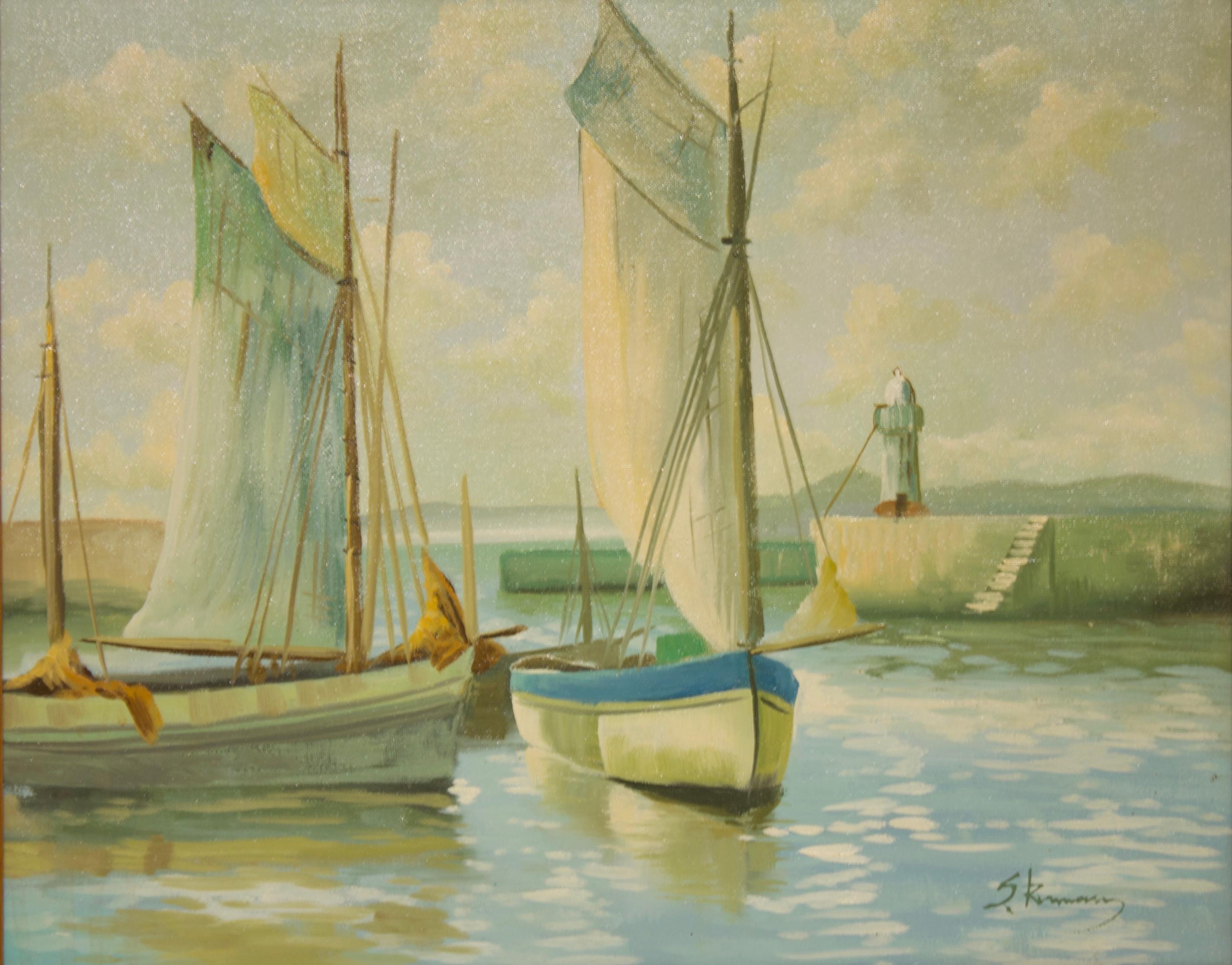 Unknown Landscape Painting - Two Sailboats with Lighthouse