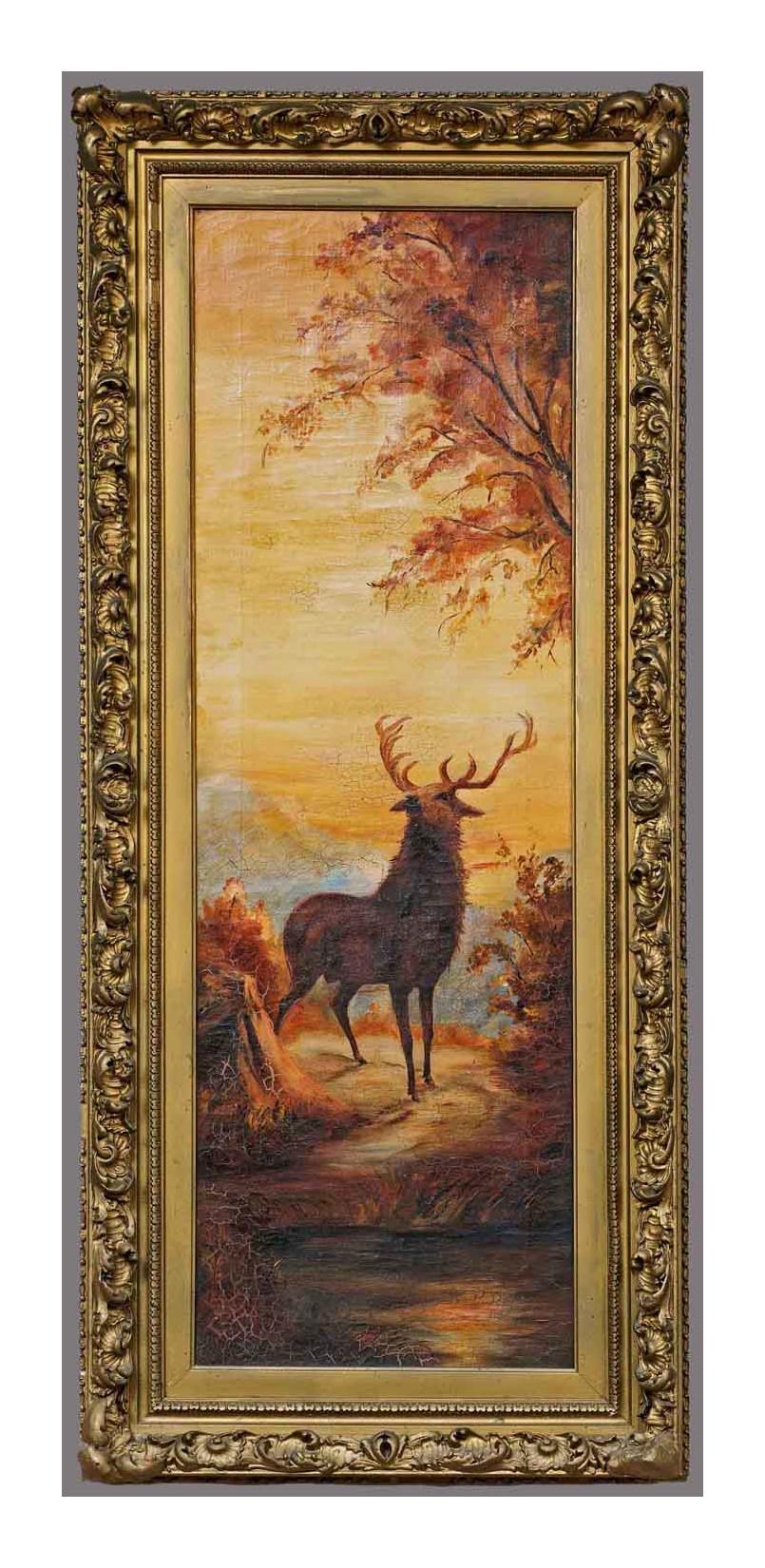 Two Stags in Winter Landscape, Twilight Oil on Canvas, Dated 1912 - Painting by Unknown