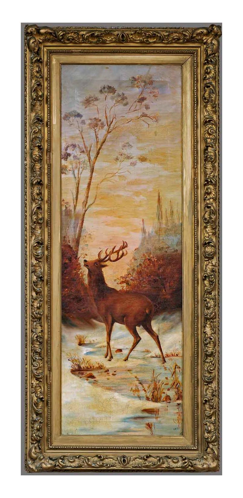Two Stags in Winter Landscape, Twilight Oil on Canvas, Dated 1912 - Naturalistic Painting by Unknown