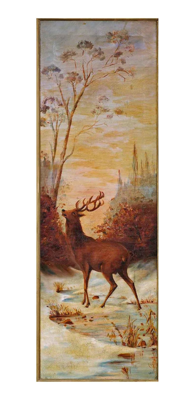 Two Stags in Winter Landscape, Twilight Oil on Canvas, Dated 1912 - Brown Landscape Painting by Unknown