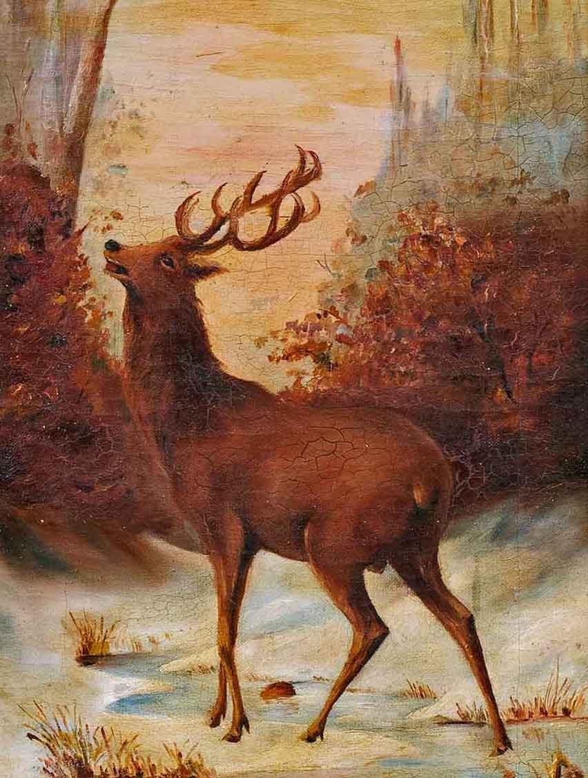 Zwei Hirsch in Winterlandschaft, Twilight, Öl auf Leinwand, datiert 1912 im Angebot 3