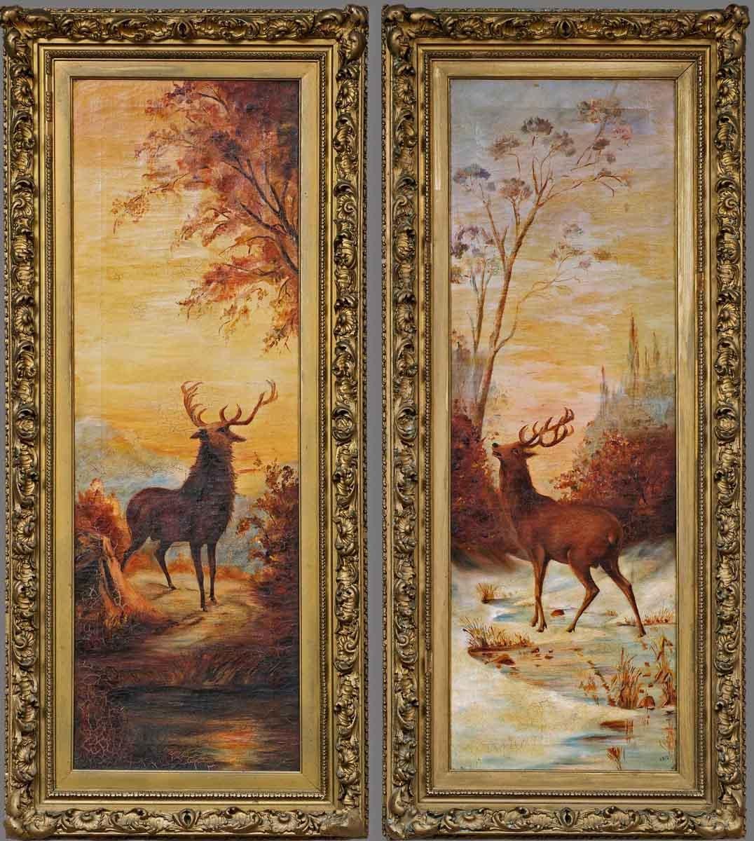 Two Stags in Winter Landscape, Twilight Oil on Canvas, Dated 1912