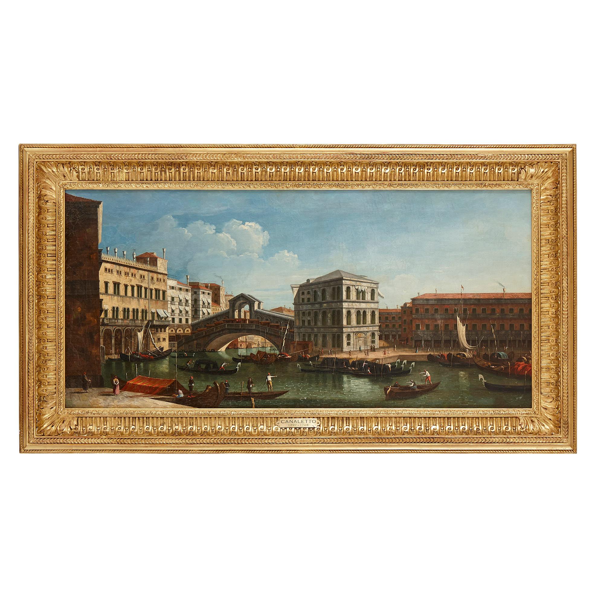 Two Venetian vedute oil paintings in giltwood frames after Canaletto - Painting by Unknown