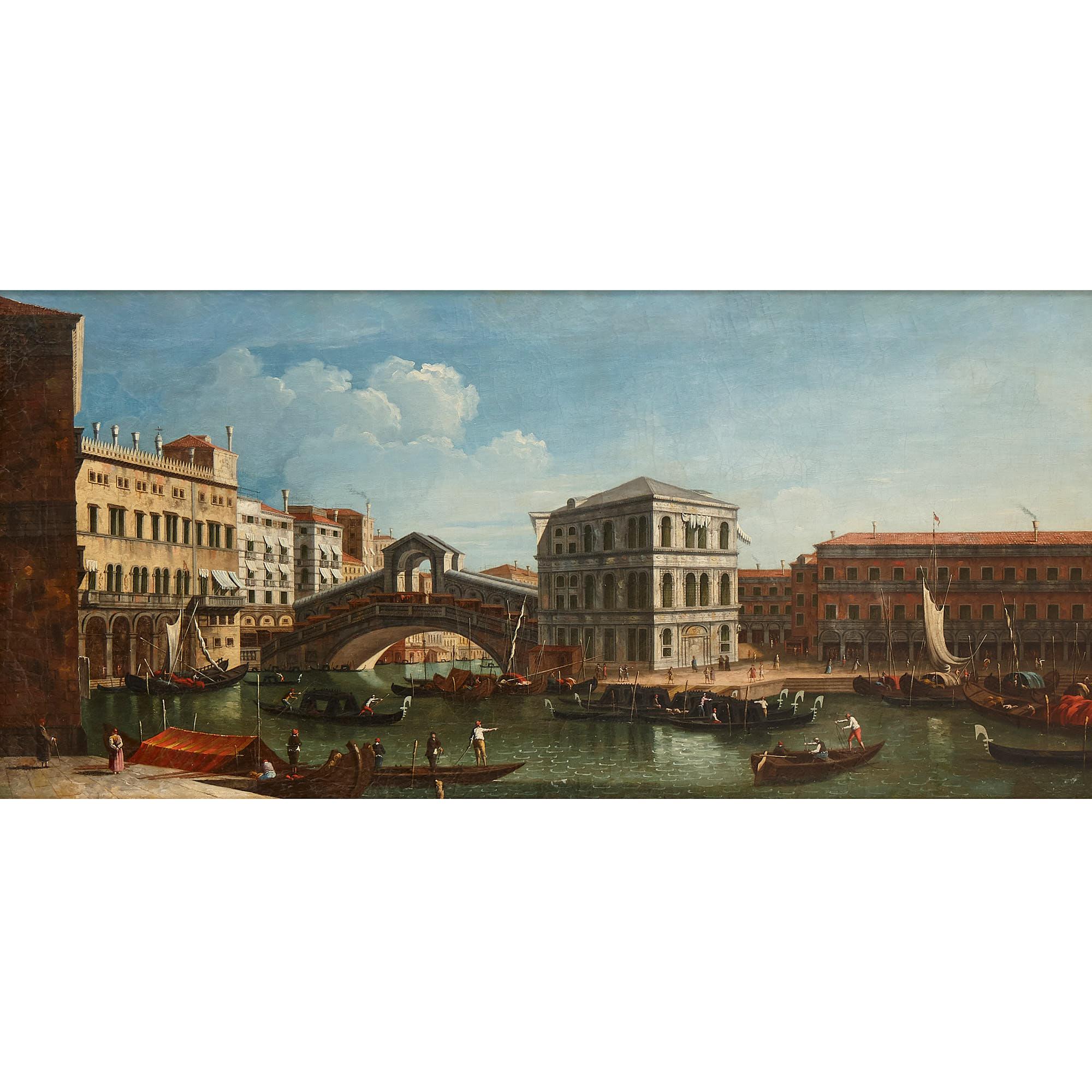 Two Venetian vedute oil paintings in giltwood frames after Canaletto - Brown Landscape Painting by Unknown