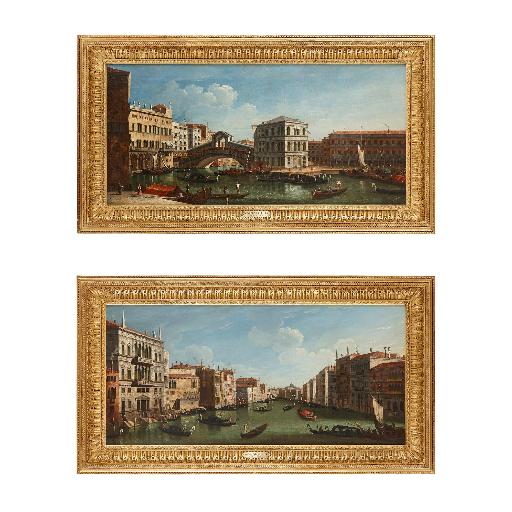Unknown Landscape Painting - Two Venetian vedute oil paintings in giltwood frames after Canaletto