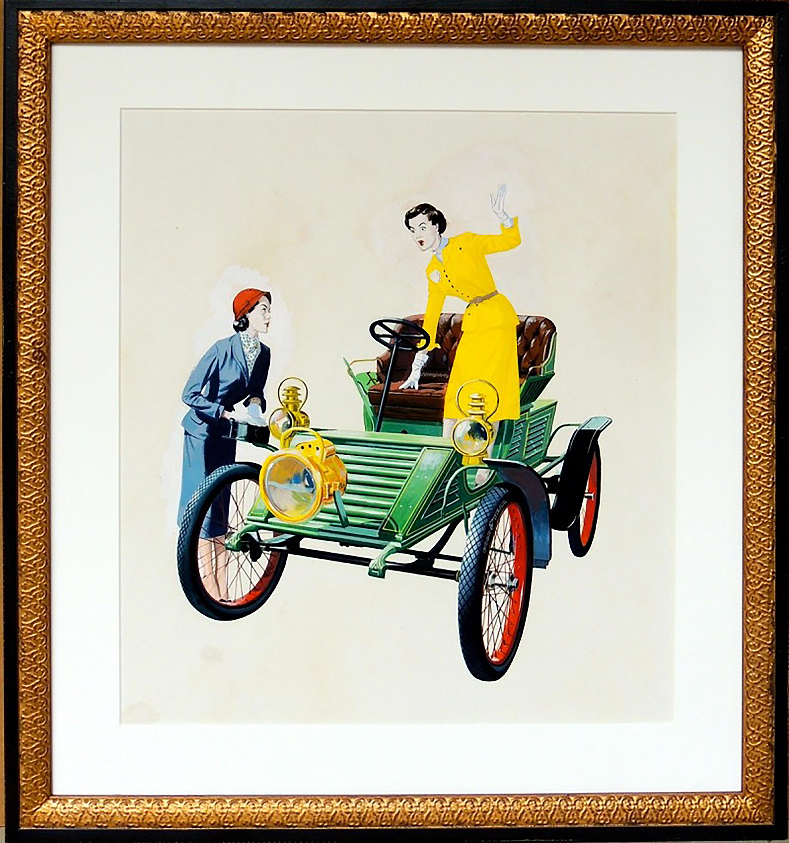 Two Women and an Automobile - Painting by Unknown