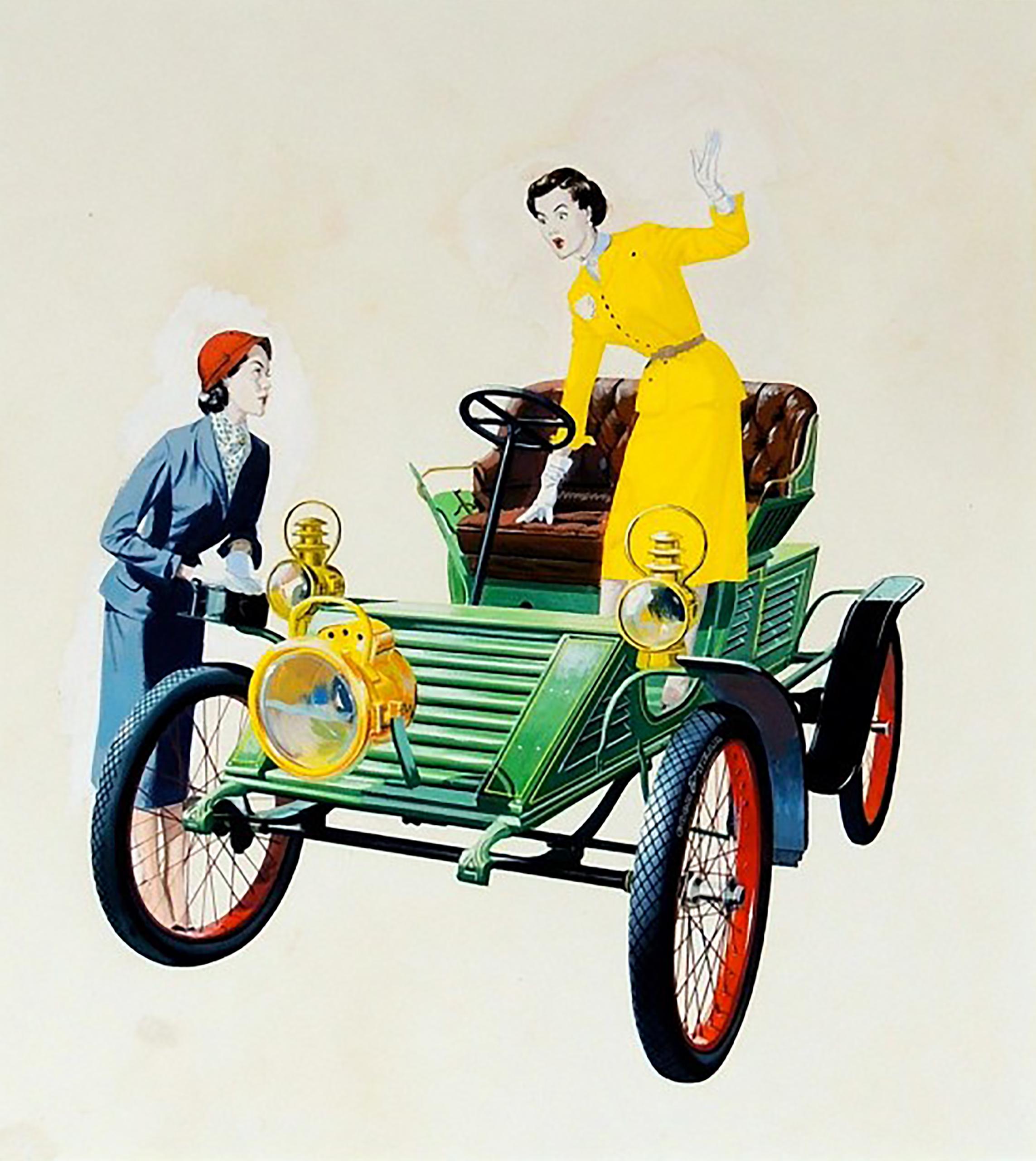 Unknown Figurative Painting - Two Women and an Automobile