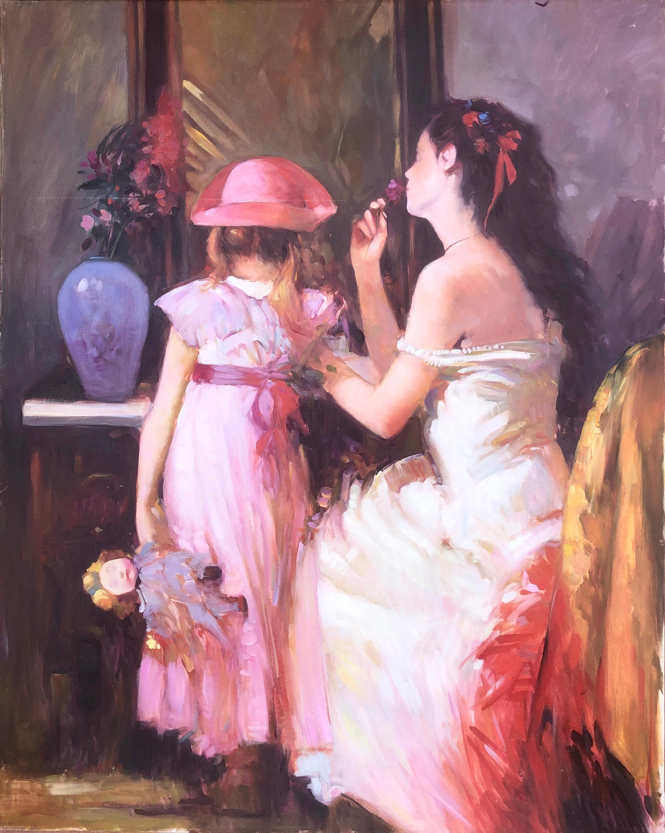 Unknown Interior Painting – Zwei junge Frauen der europäischen Schule XX, Ölgemälde auf Leinwand