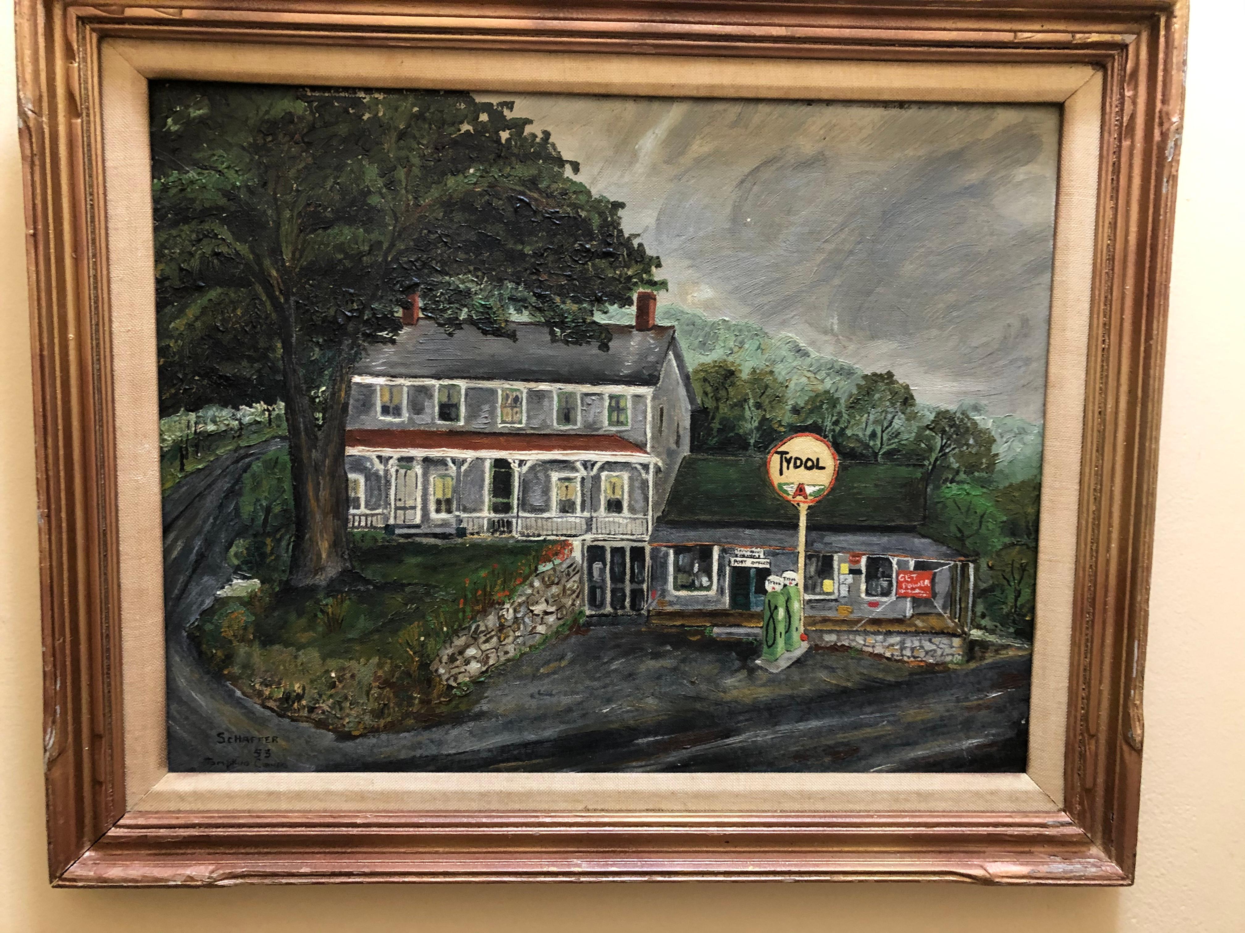 Charming 1953 oil on board painting signed Schaffer. We are not sure who the artist is, but they were obviously very talented in a folk/primitive style. They have really captured a bygone era. I believe Tompkins corner is in upstate New York.