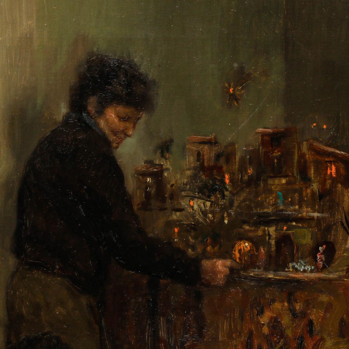 Ugo de Cesar (nato nel 1950) - Olio del XX secolo, Accendere il calendario dell'Avvento - Interior Painting Marrone di Unknown