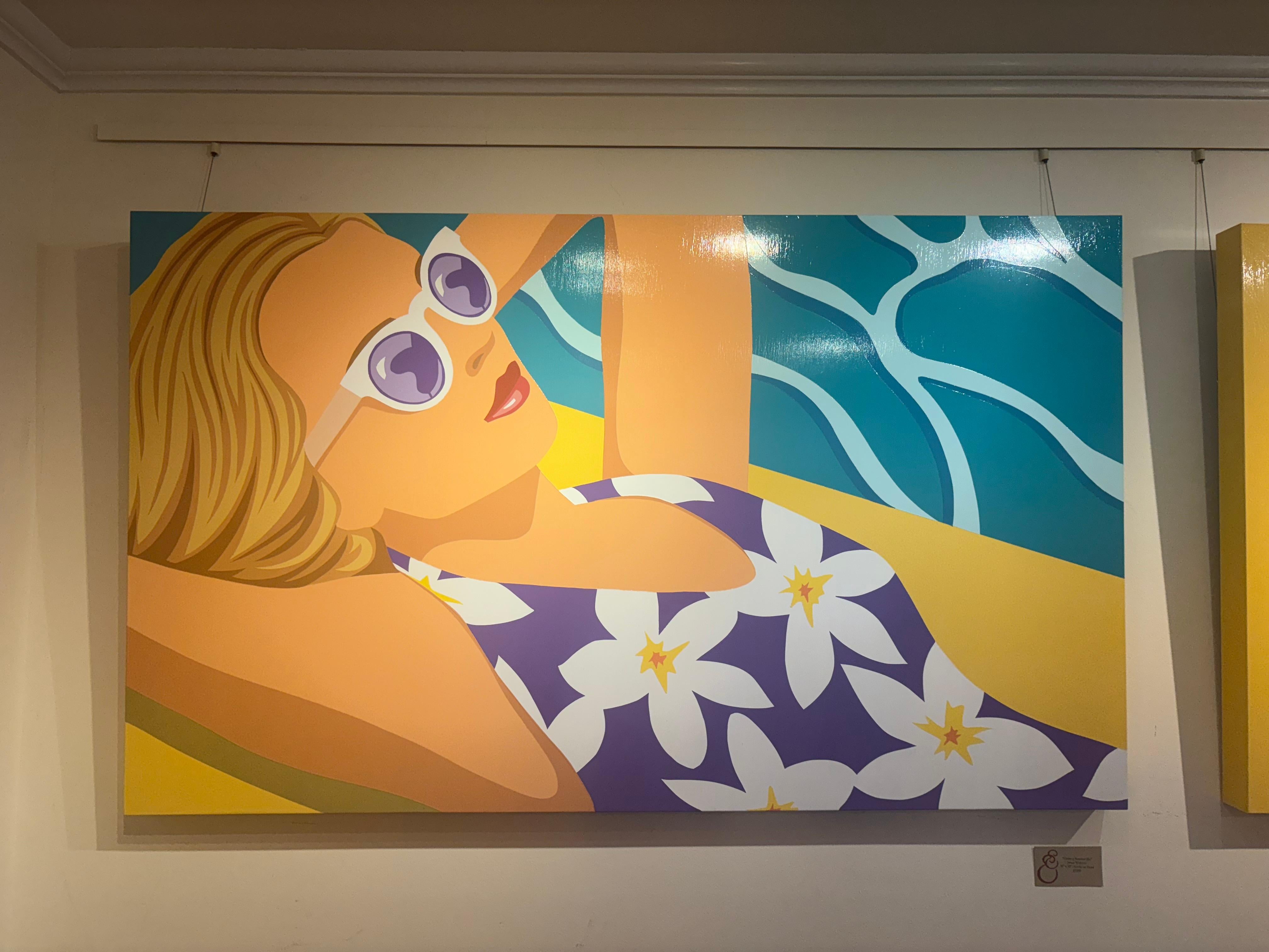 Sous un ciel d'été, une femme blonde en maillot de bain violet se détend dans la piscine. - Painting de Unknown