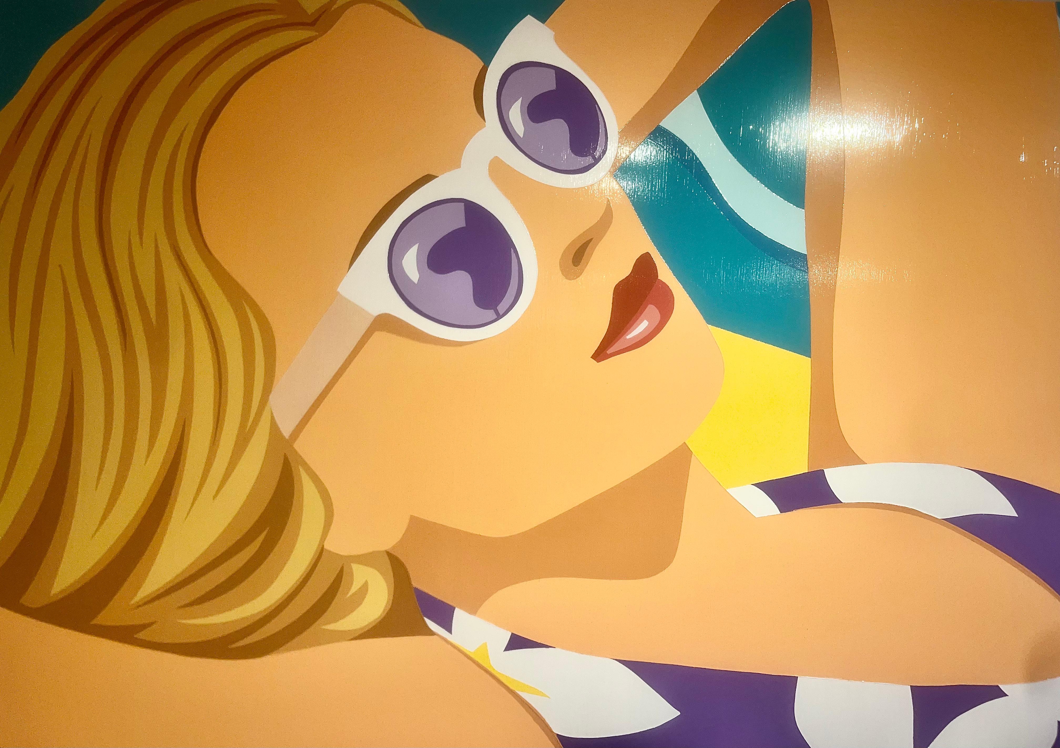 Sous un ciel d'été, une femme blonde en maillot de bain violet se détend dans la piscine. - Beige Figurative Painting par Unknown