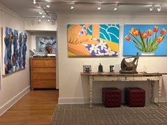 “Under a Summer Sky” blonde woman with purple bathing suit relaxes in the pool