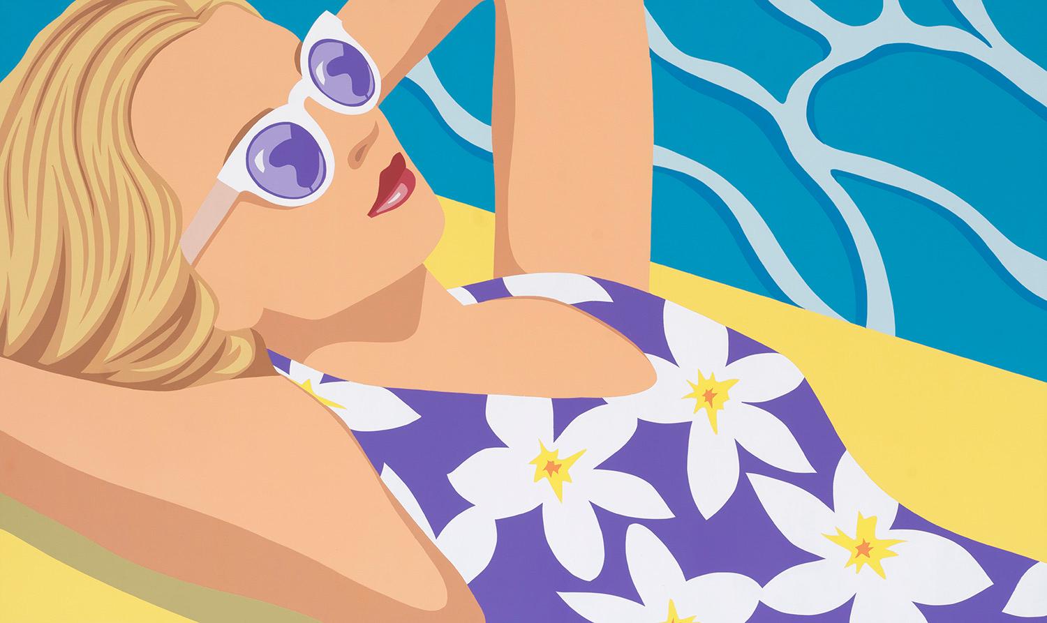 Figurative Painting Unknown - Sous un ciel d'été, une femme blonde en maillot de bain violet se détend dans la piscine.