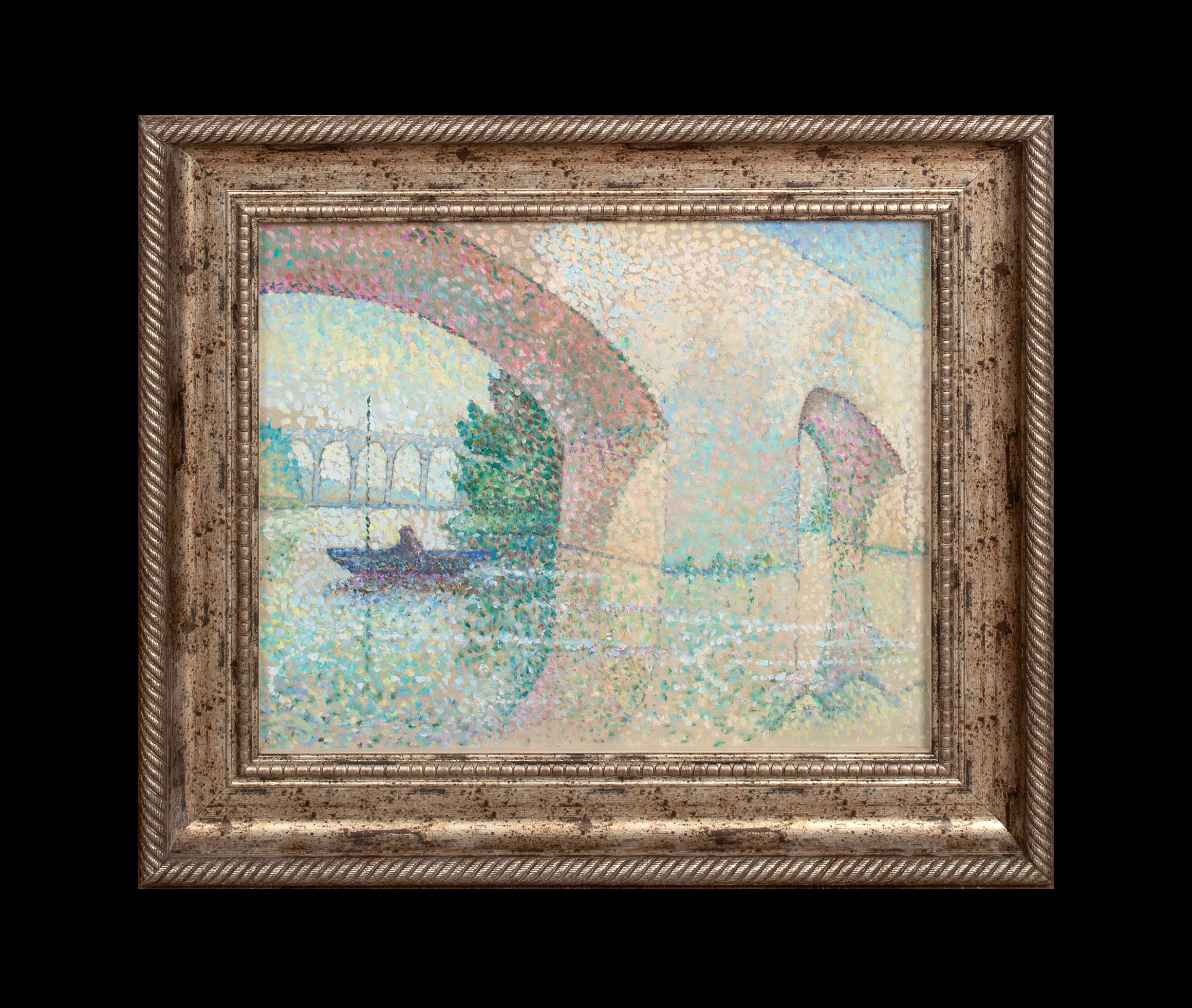 Under The Bridge, 1956 - Pointillist Impressionist - Painting by Unknown