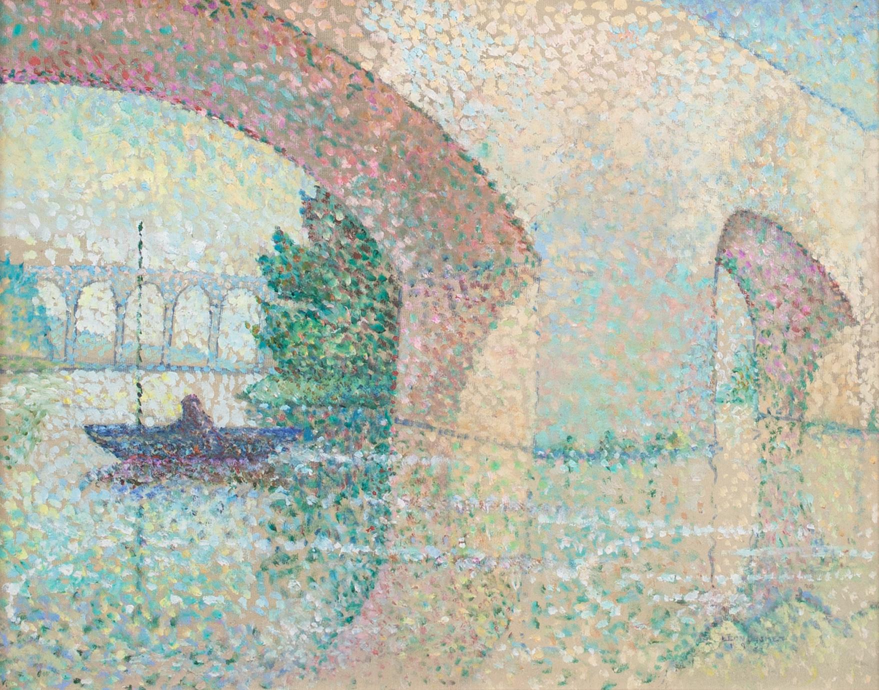 Under The Bridge, 1956 - Pointillist Impressionist - Brown Landscape Painting by Unknown