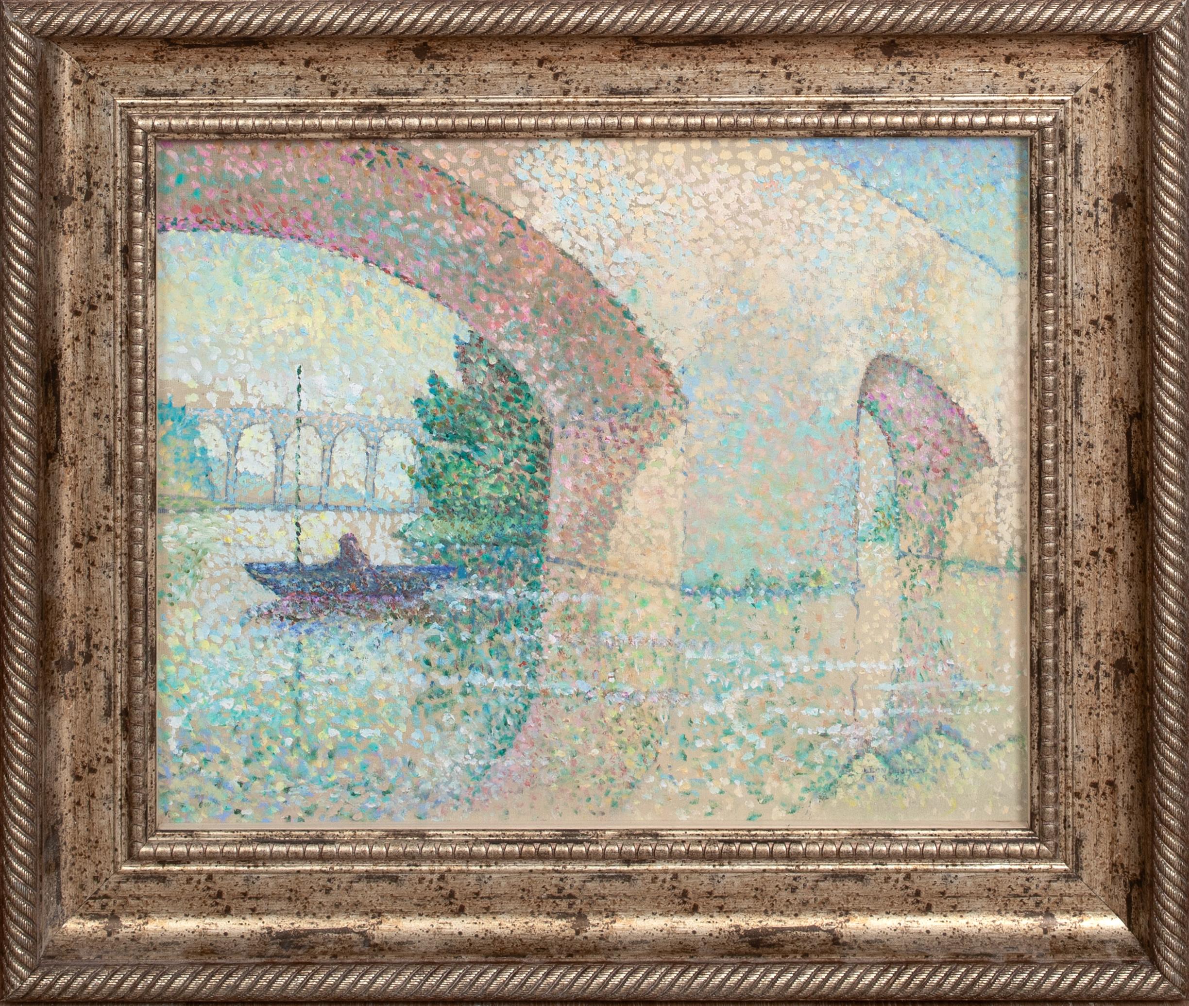 Unknown Landscape Painting - Under The Bridge, 1956 - Pointillist Impressionist