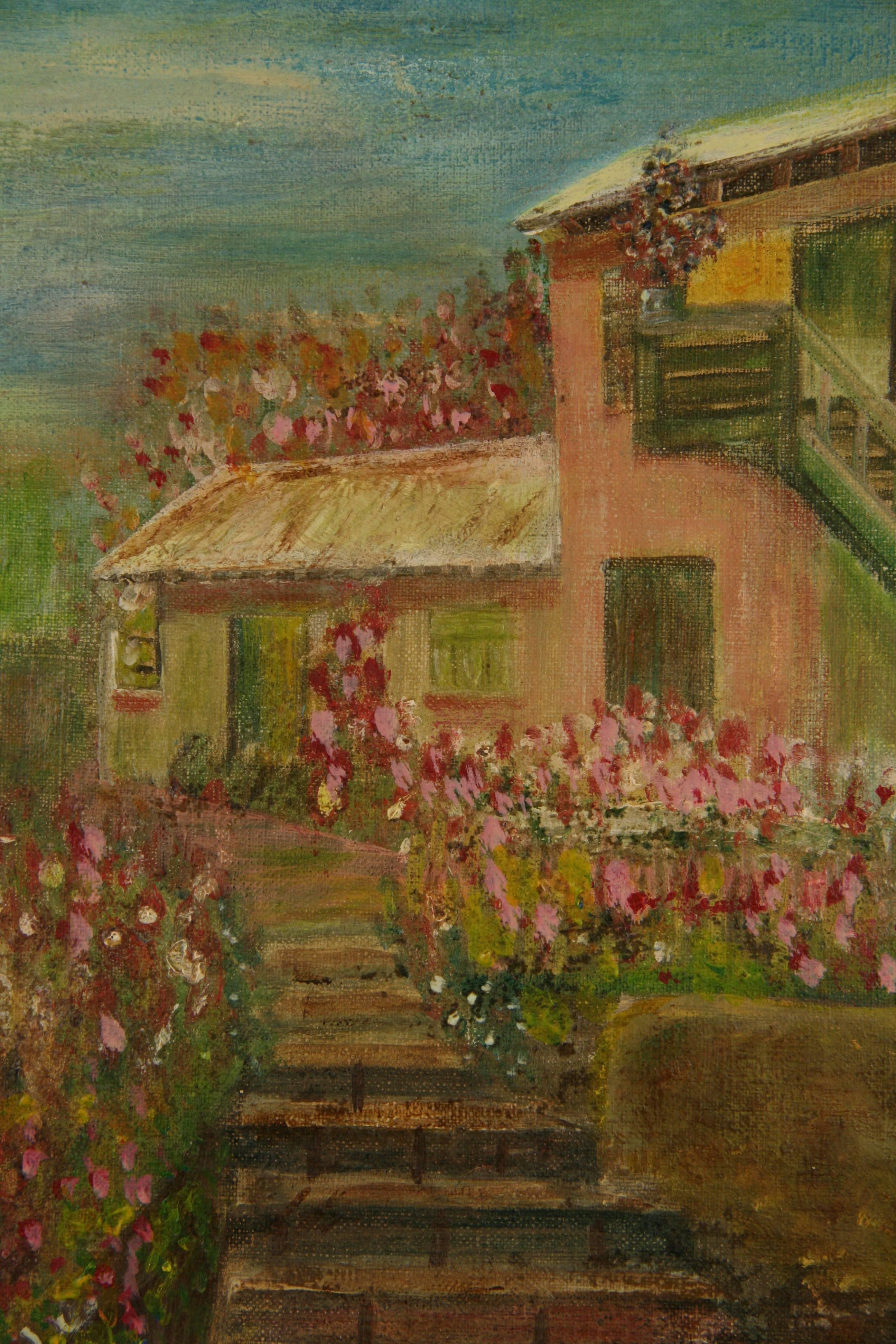 5-2768a  Una casa di campagna del 1920 circa  dipinto a olio su tela esposto in una cornice di legno bianco dipinto. Firmato al centro in basso da A. Belokopytoff.