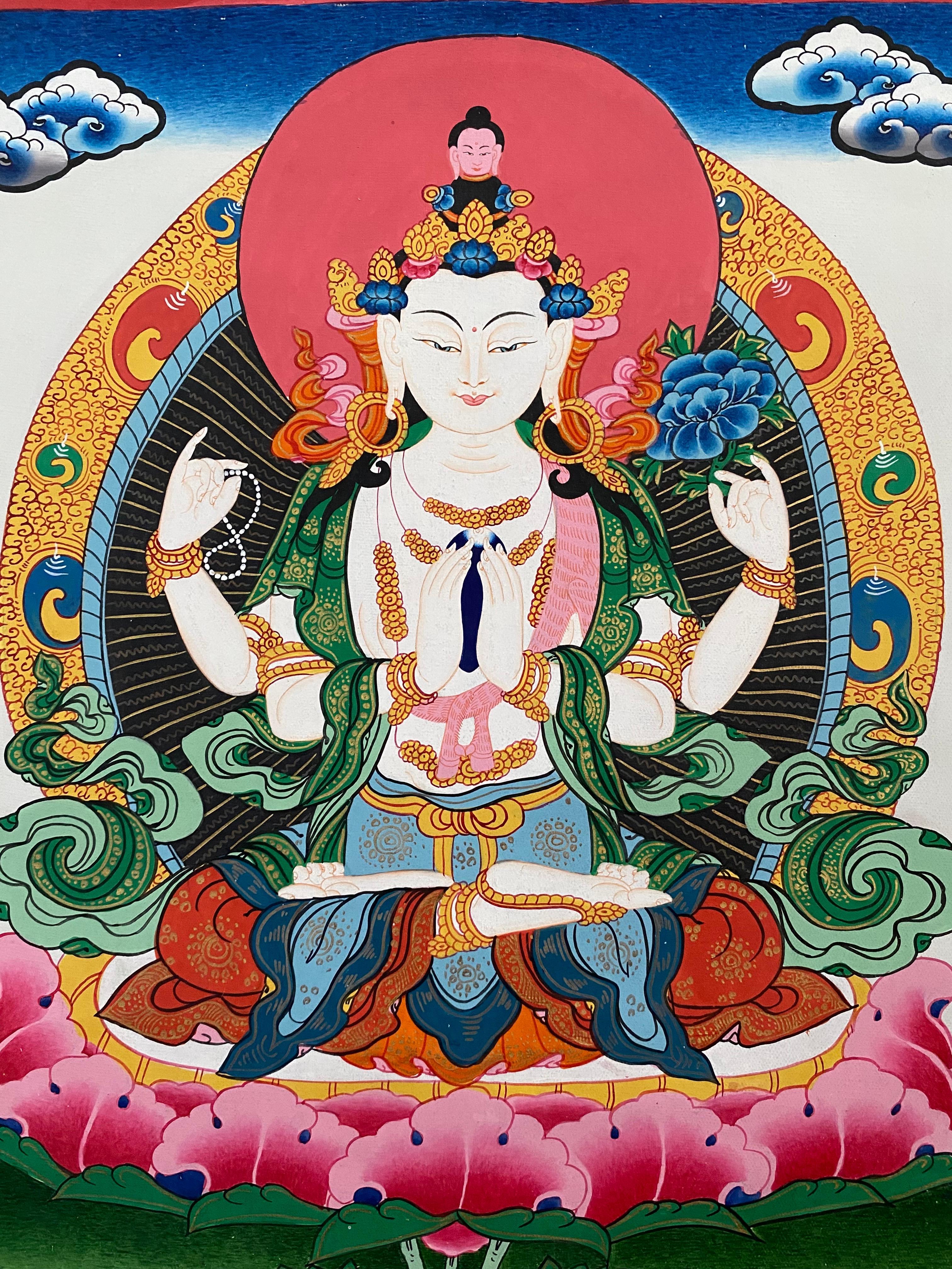 Ungerahmte handbemalte Chengeiz Thangka auf Leinwand 24 K Gold, Chengeiz, Thangka – Painting von Unknown