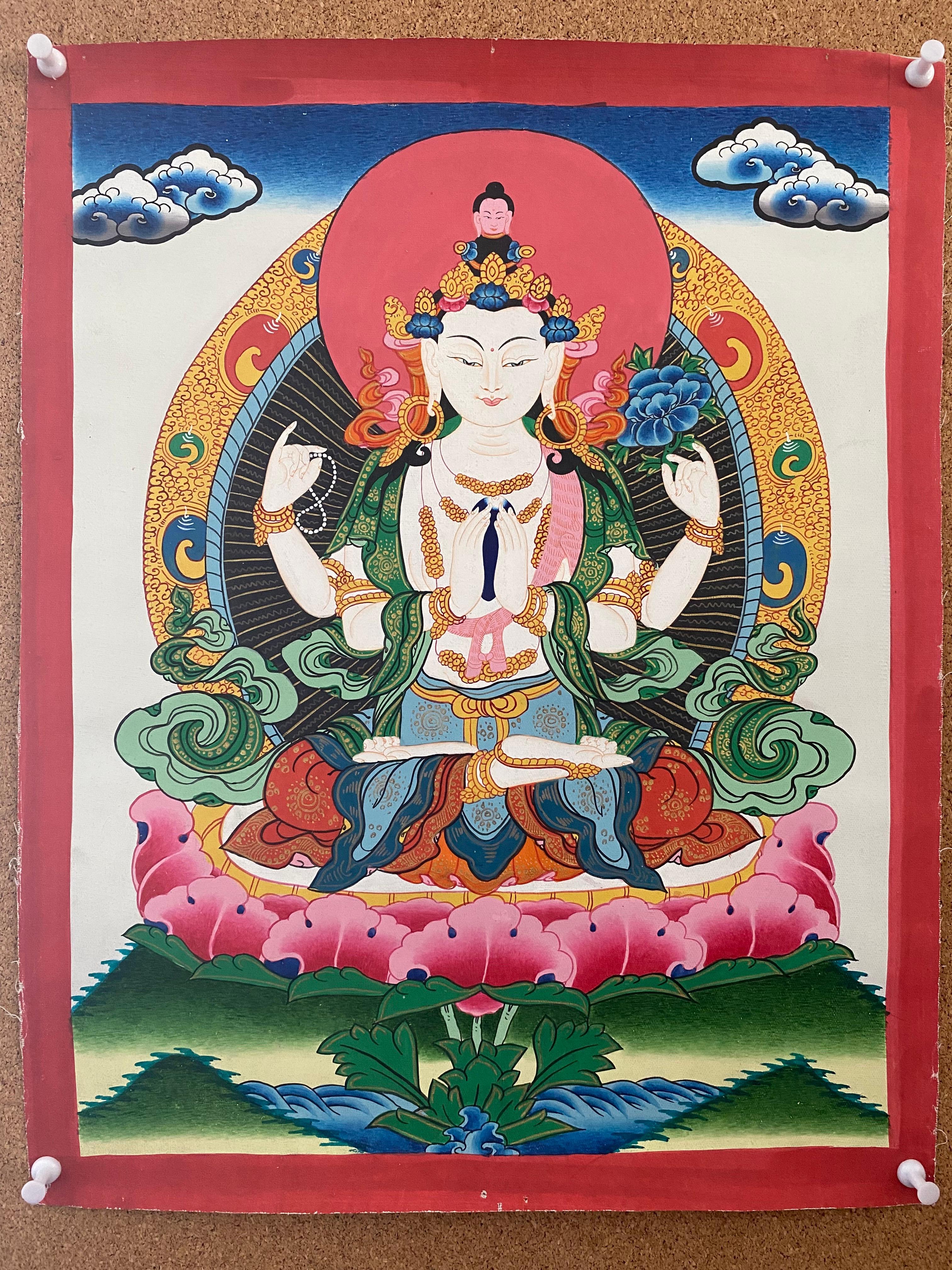 This beautiful unframed hand painted Chenrezig Thangka can be framed according to your choice.
Chenrezig is the Buddha of Compassion. It is believed that Chenrezig is the embodiment of boundless loving-kindness and compassion. Every person whose