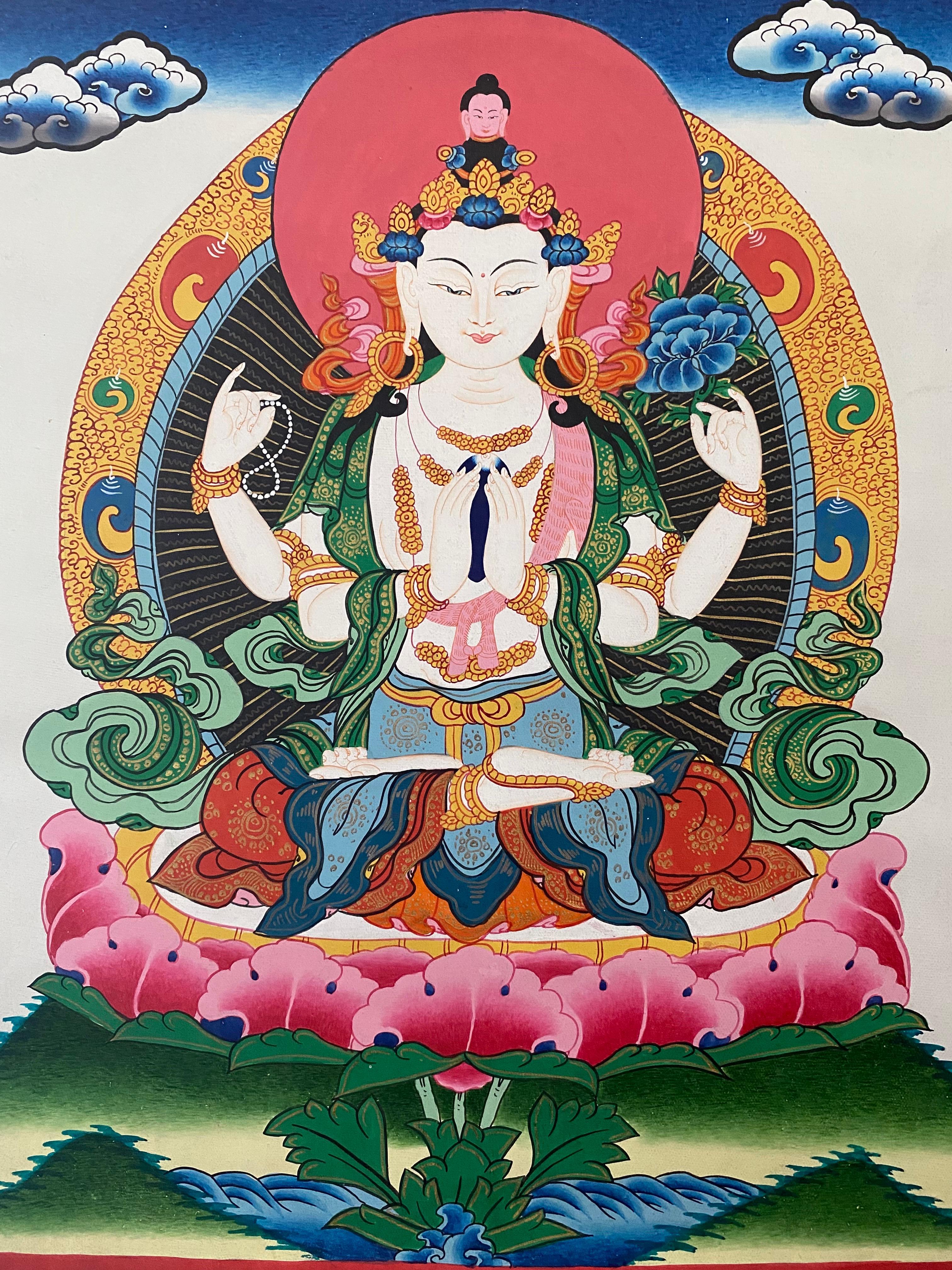 Unknown Figurative Painting - Unframed Hand Painted Chengeiz Thangka on Canvas 24 K Gold 