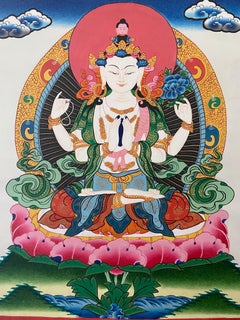Thangka Chengeiz peint à la main sur toile or 24 carats non encadré 
