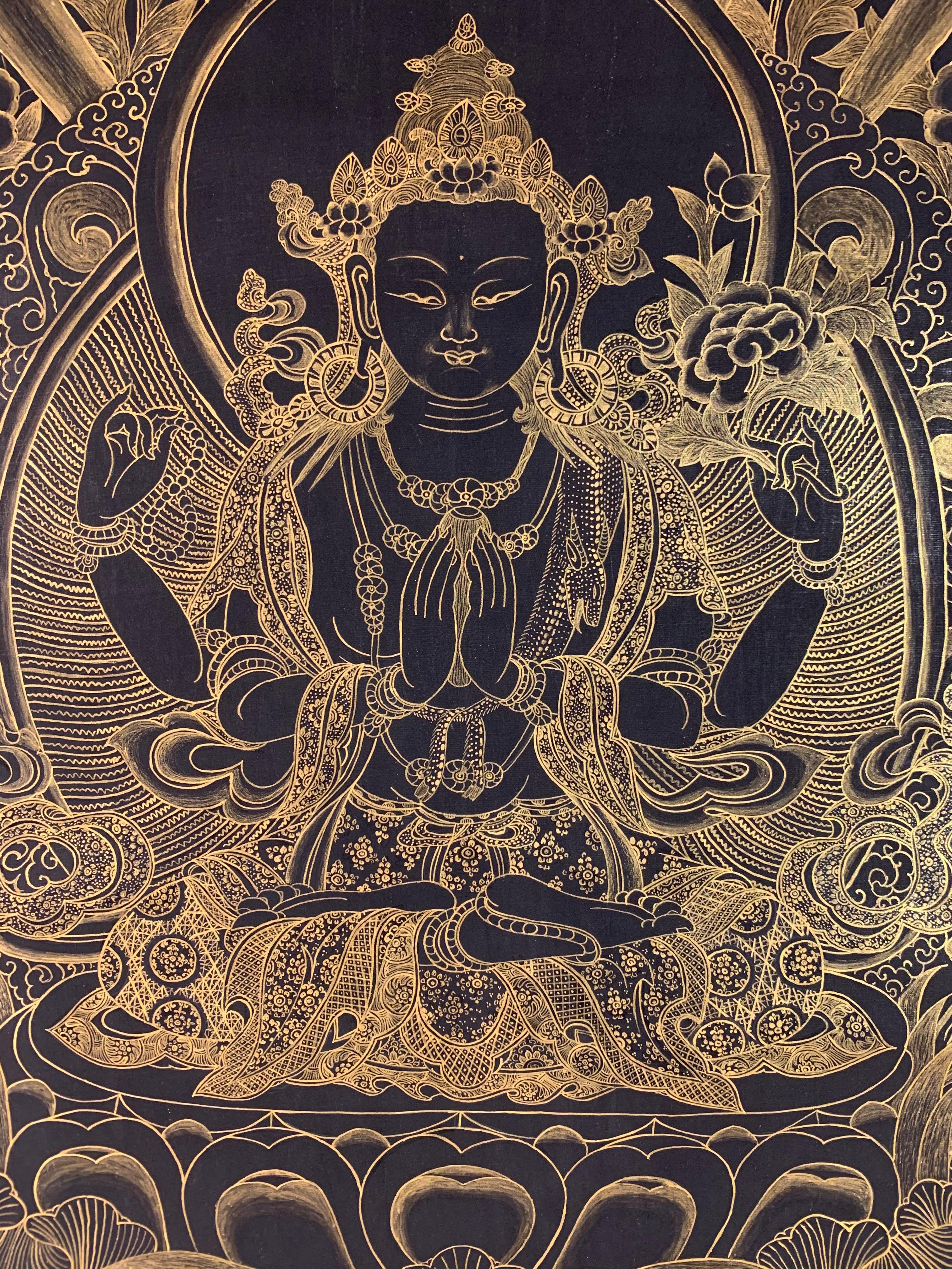 Unframed Hand Painted Chenrezig Thangka on Canvas with 24K Gold  For Sale 4