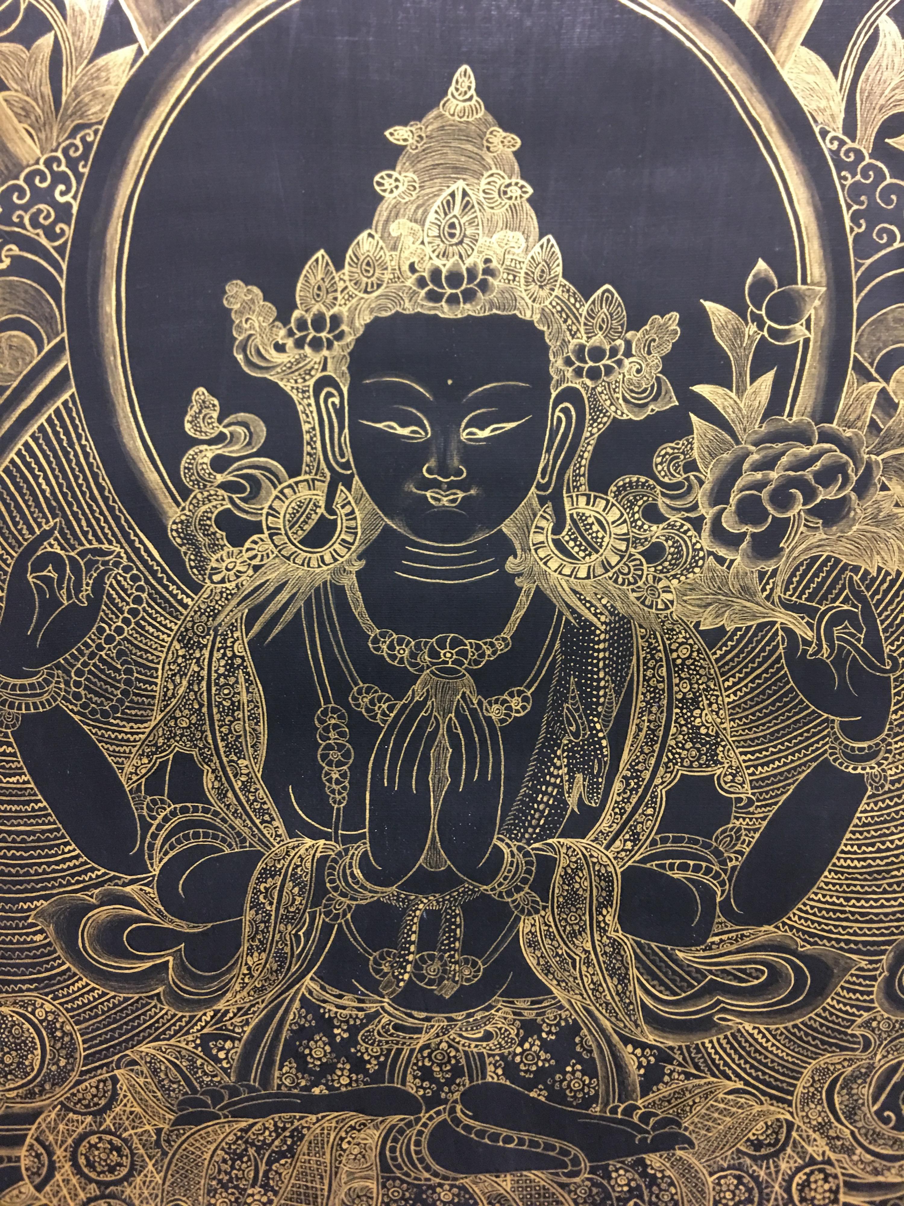 Unframed Hand Painted Chenrezig Thangka on Canvas with 24K Gold  - Painting by Unknown