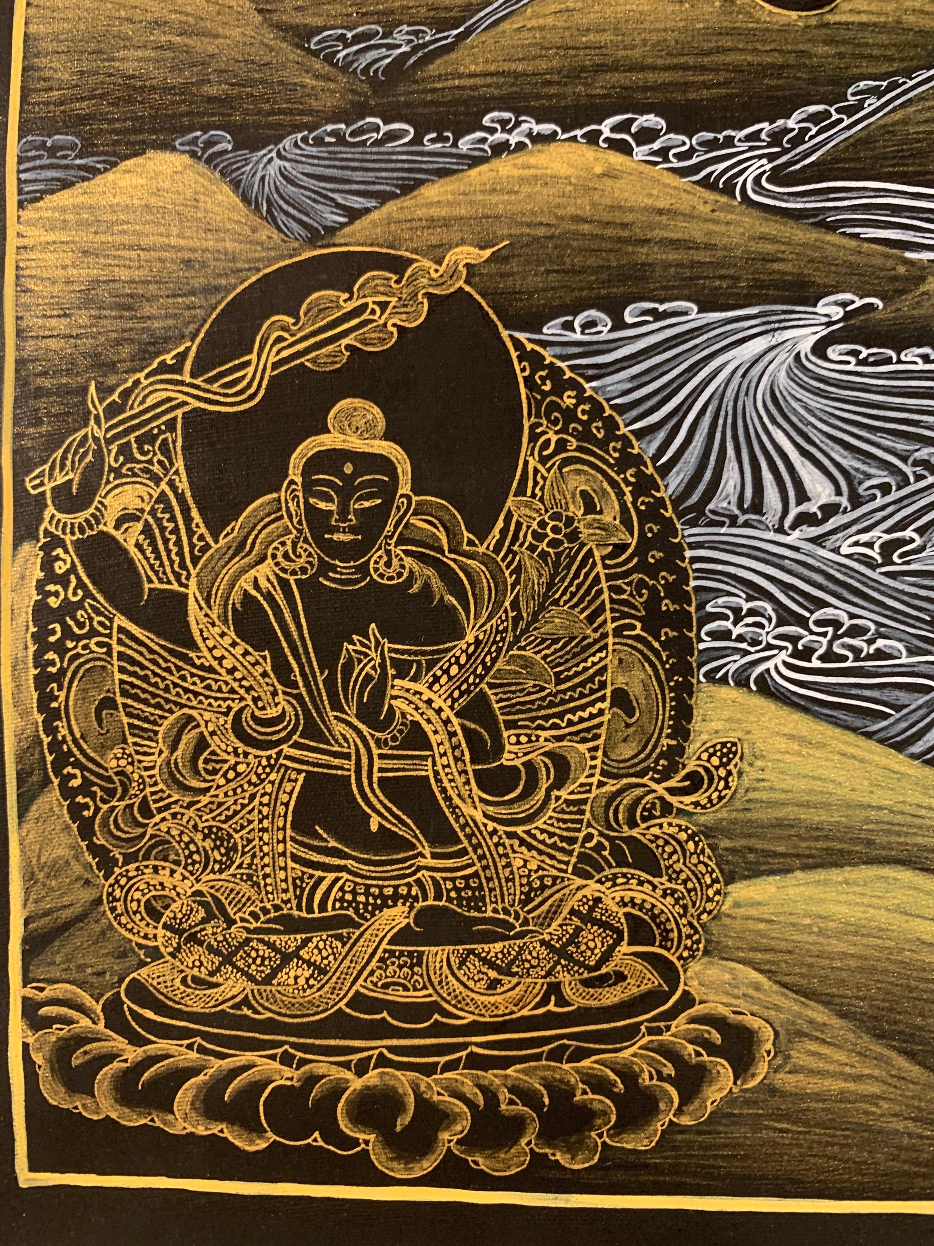 Unframed hand painted Chenrezig thangka on canvas with 24 carat real gold. Gold strokes on black background makes this thangka a desirable piece of art.
Chenrezig is the Buddha of Compassion. It is believed that Chenrezig is the embodiment of