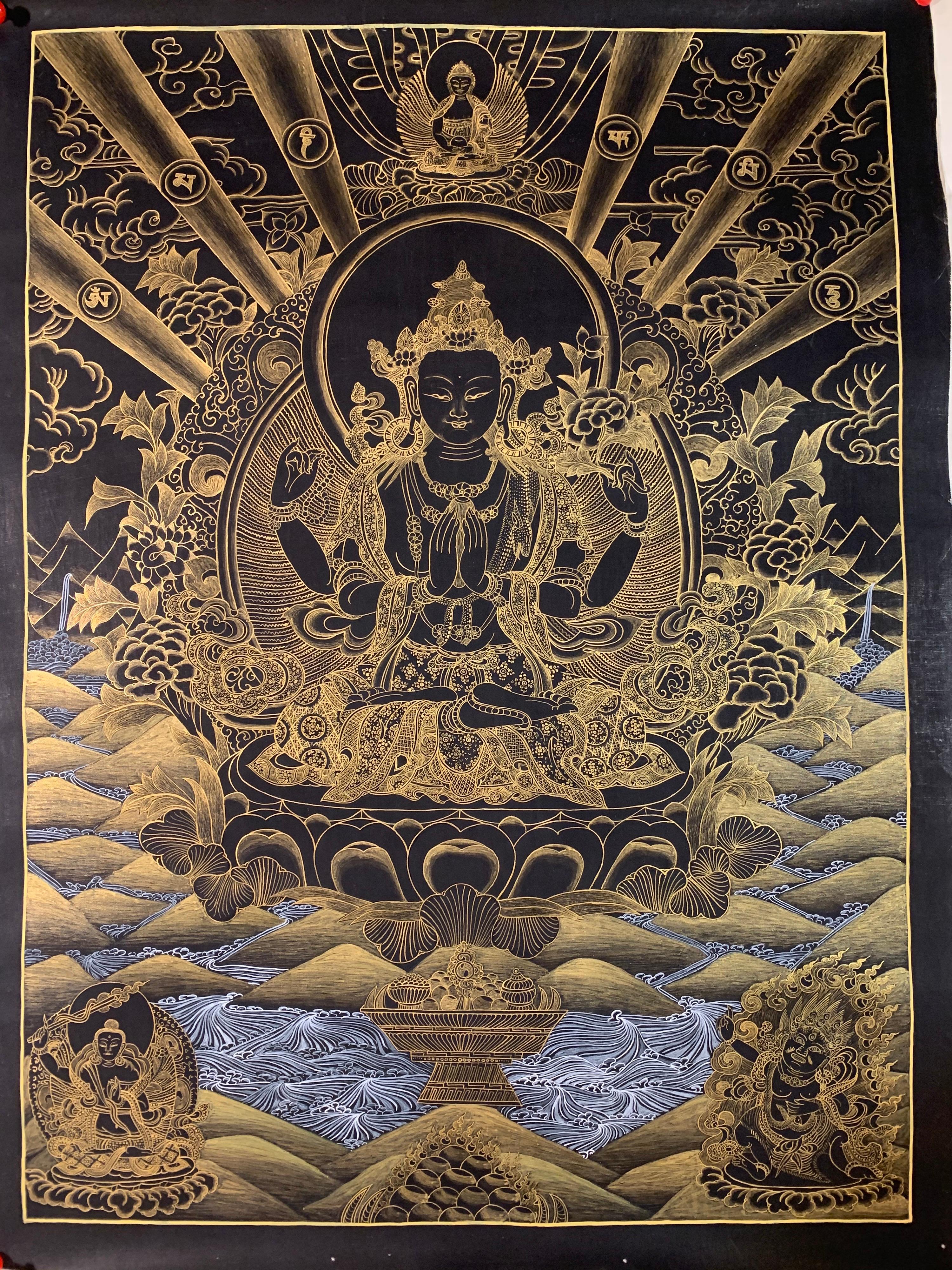 Unknown Figurative Painting - Unframed Hand Painted Chenrezig Thangka on Canvas with 24K Gold 