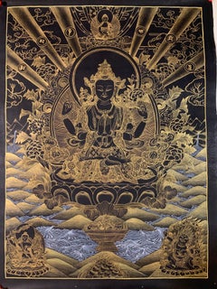 Handbemalte Chenrezig Thangka auf Leinwand mit 24K Gold, ungerahmt 