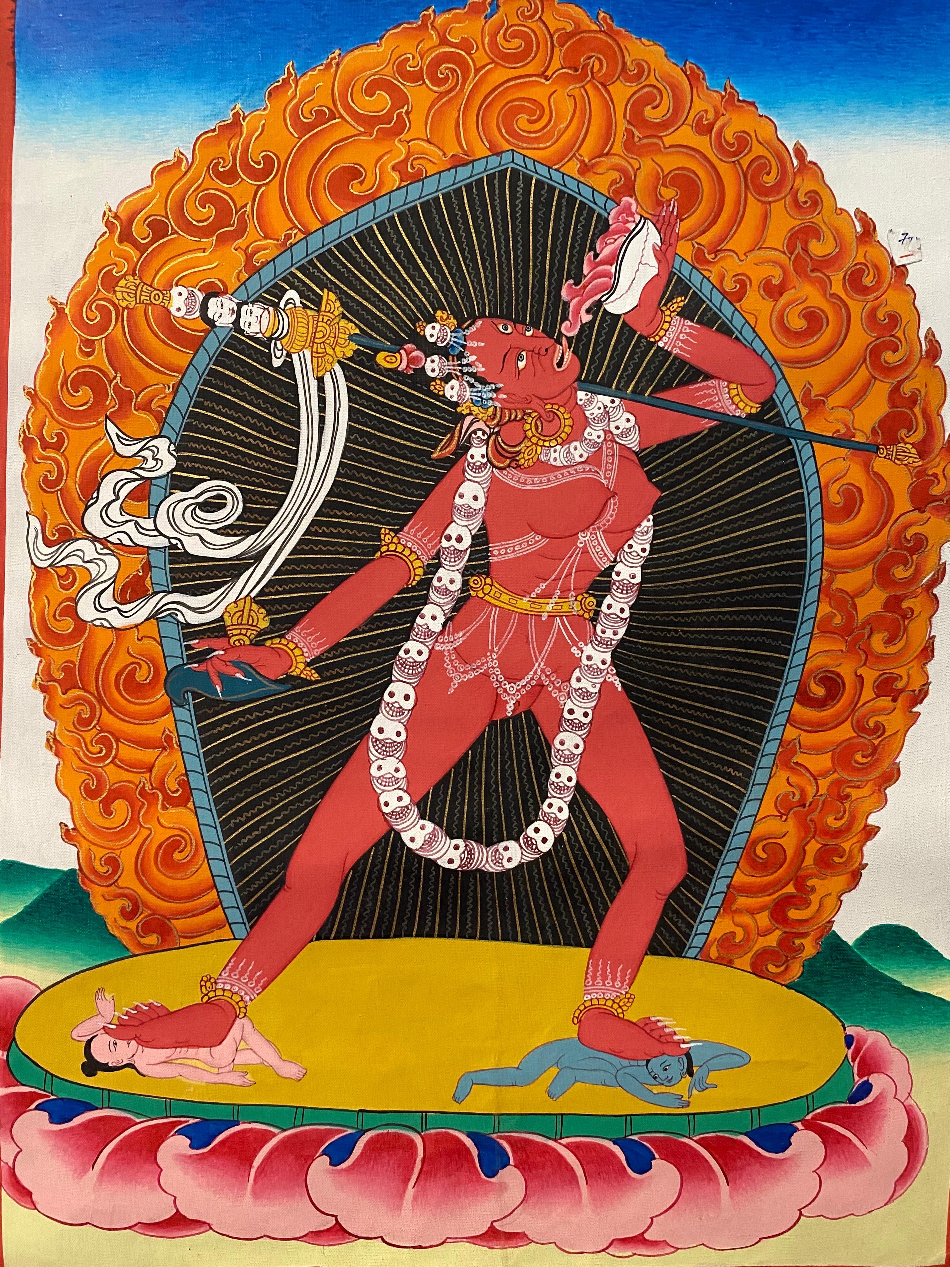 Unframed Hand Painted Dakini/Vajrayogini Thangka on Canvas 24K Gold - Painting by Unknown