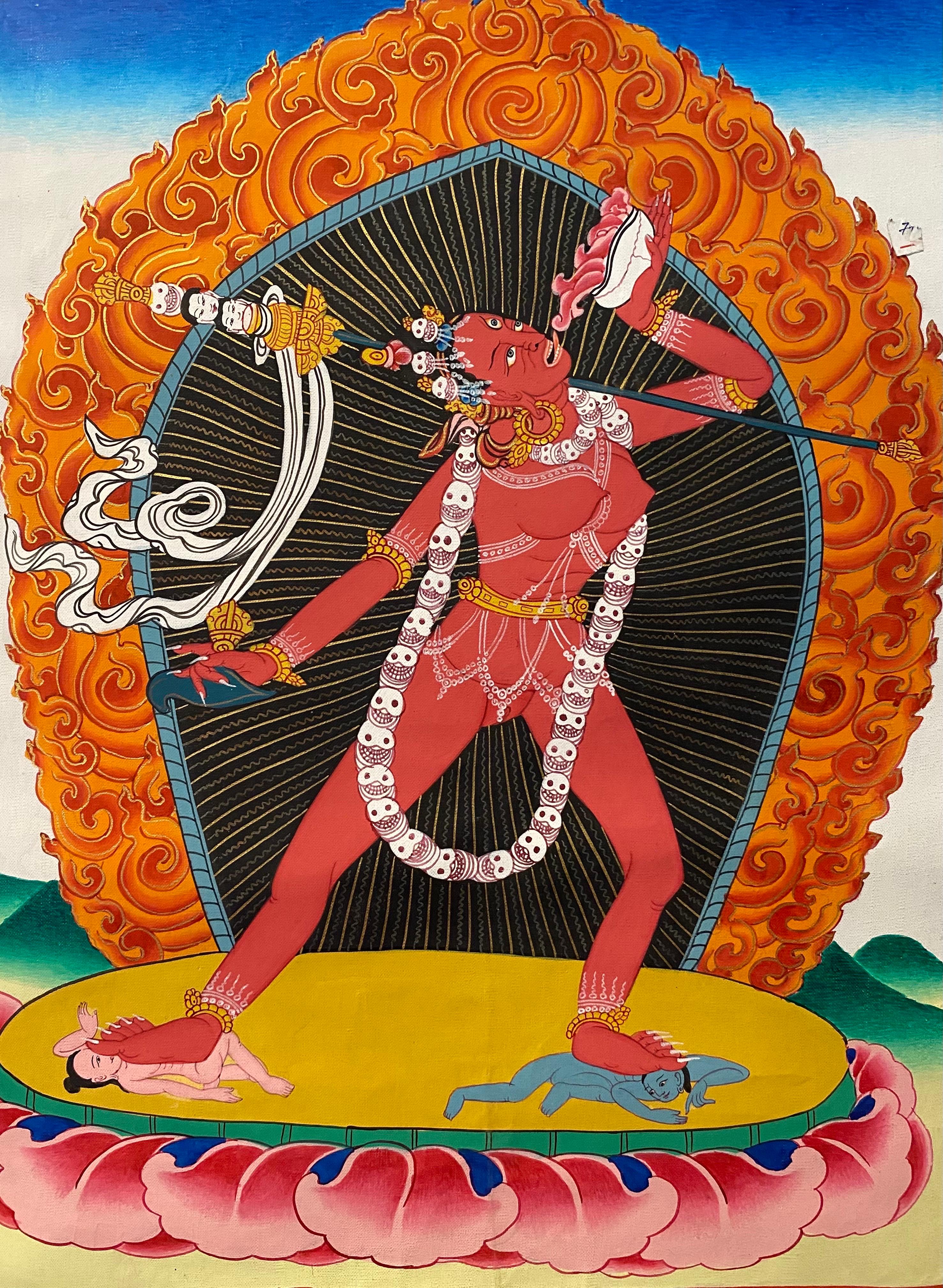 Unframed Hand Painted Dakini/Vajrayogini Thangka on Canvas 24K Gold - Other Art Style Painting by Unknown