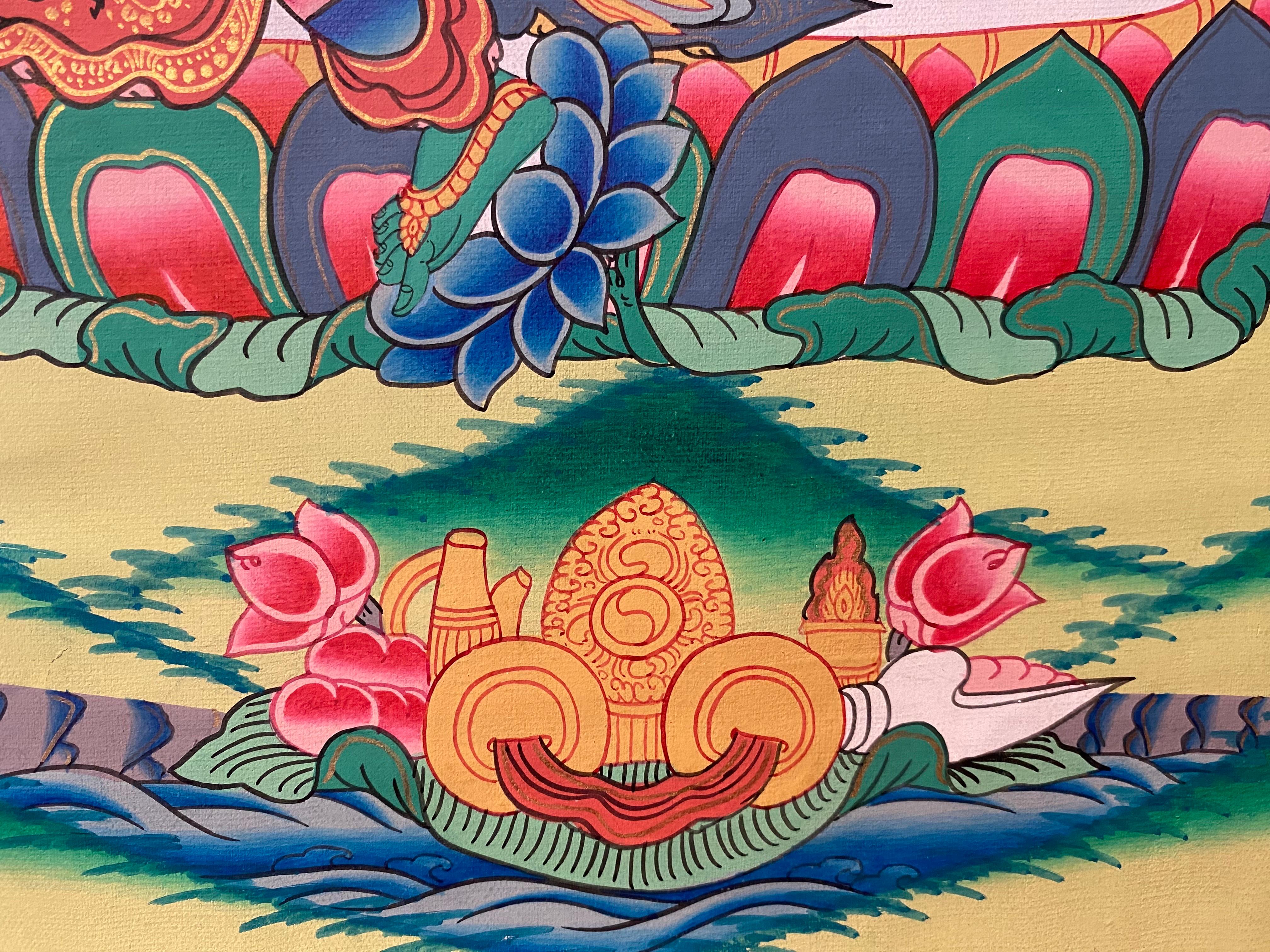 Unframed Hand Painted Green Tara Thangka on Canvas 24K Gold For Sale 7