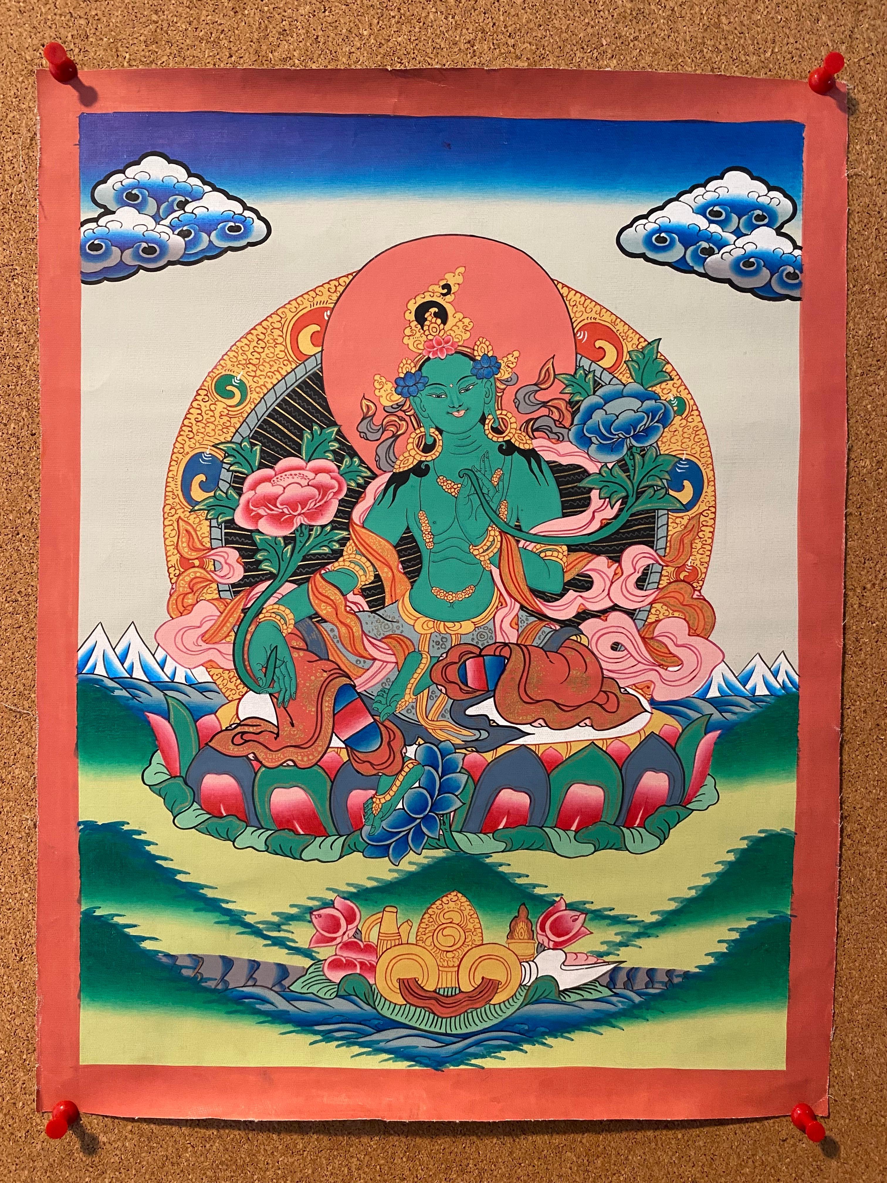 Unframed Hand Painted Green Tara Thangka on Canvas 24K Gold - Painting by Unknown