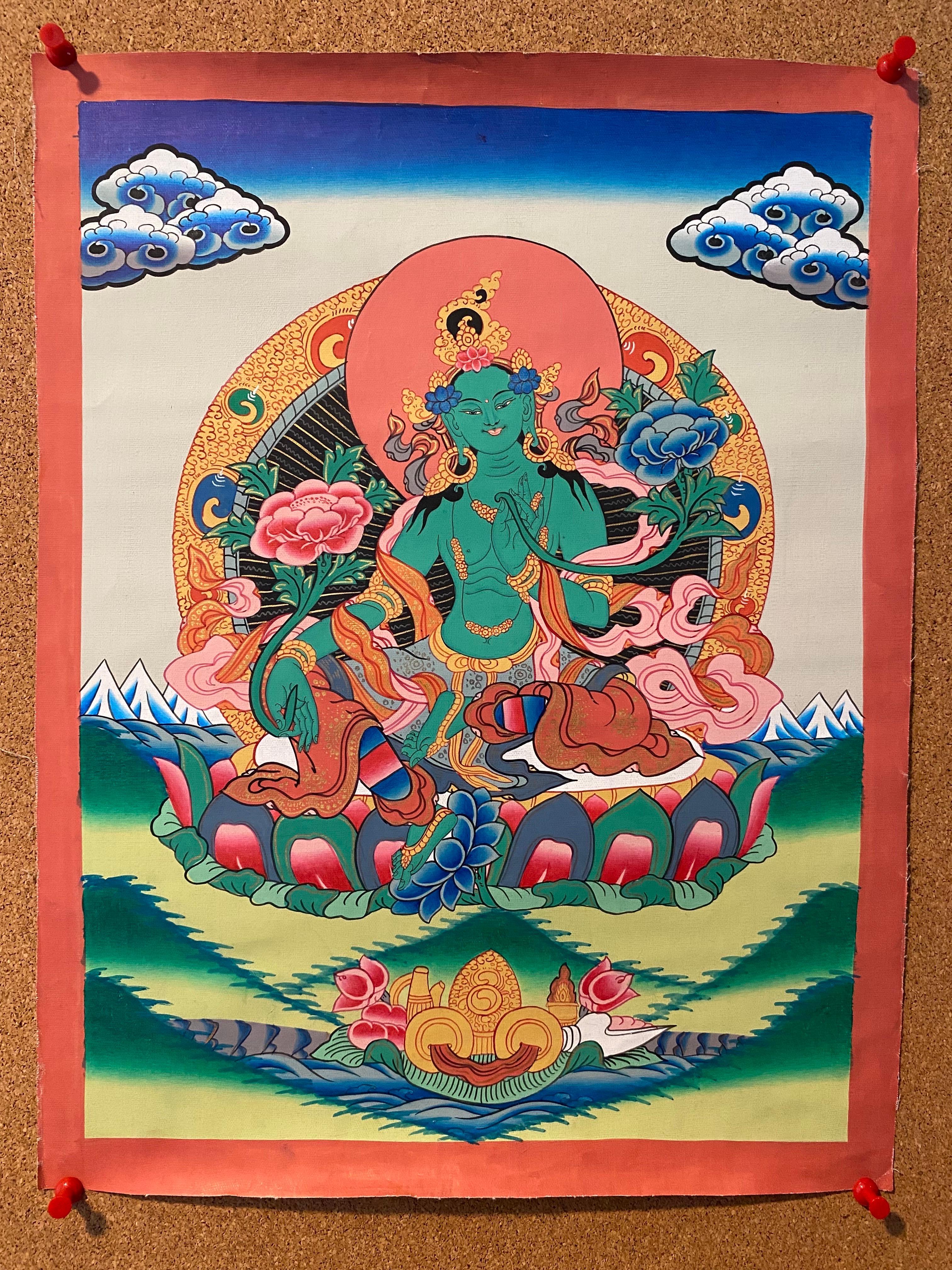 Unframed Hand Painted Green Tara Thangka on Canvas 24K Gold - Other Art Style Painting by Unknown