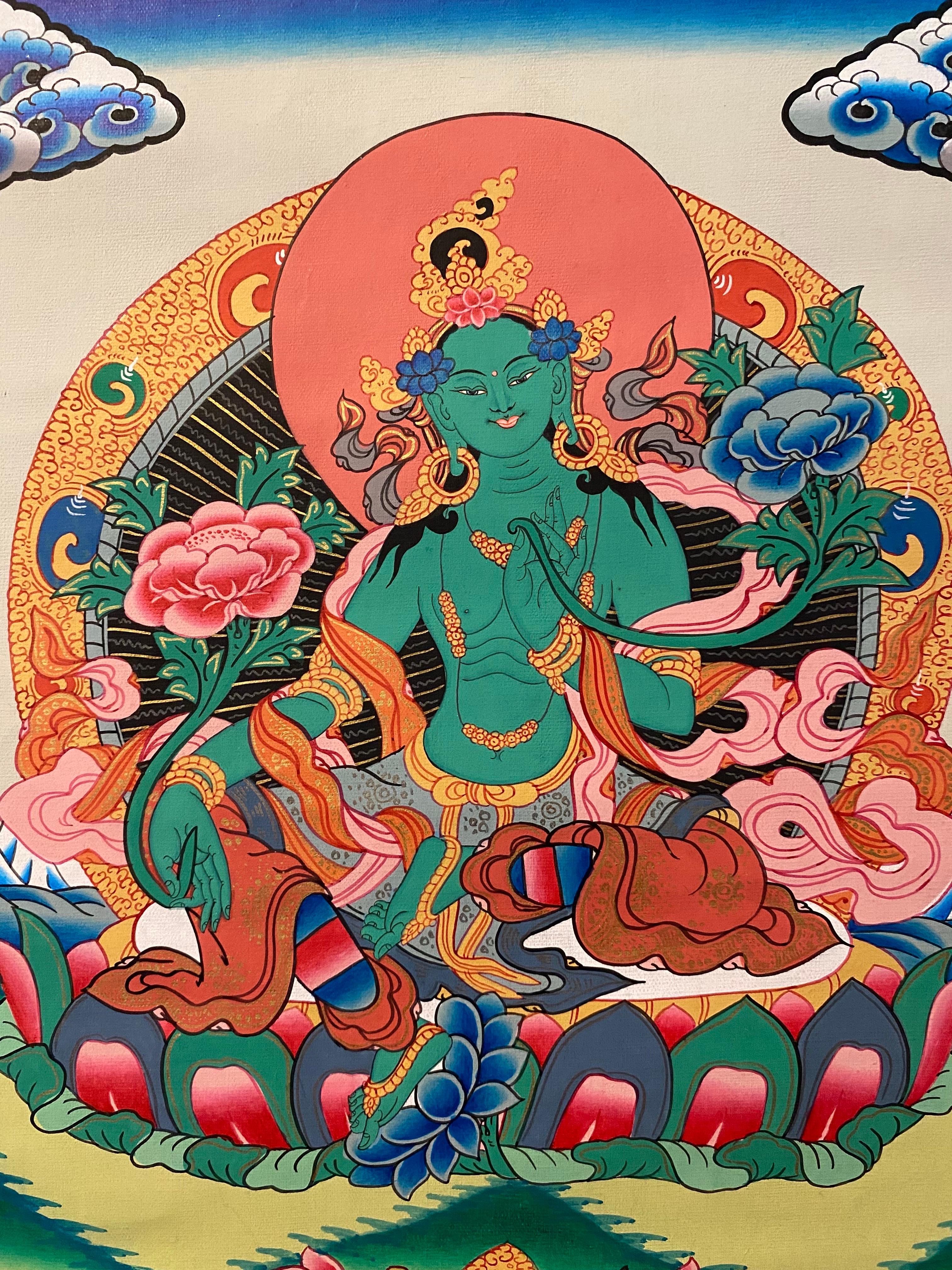 Unframed Hand Painted Green Tara Thangka on Canvas 24K Gold For Sale 1