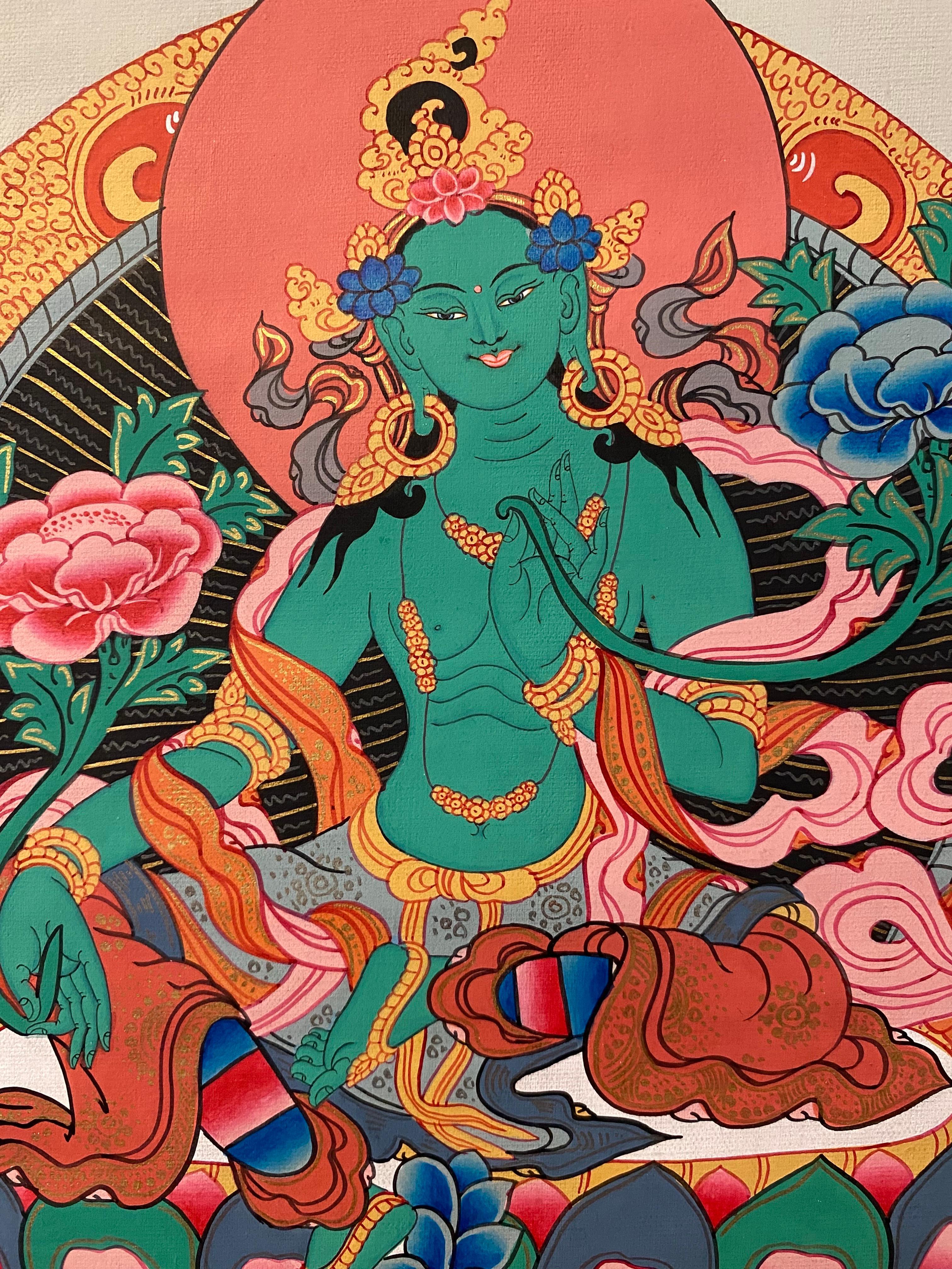 Unframed Hand Painted Green Tara Thangka on Canvas 24K Gold For Sale 2