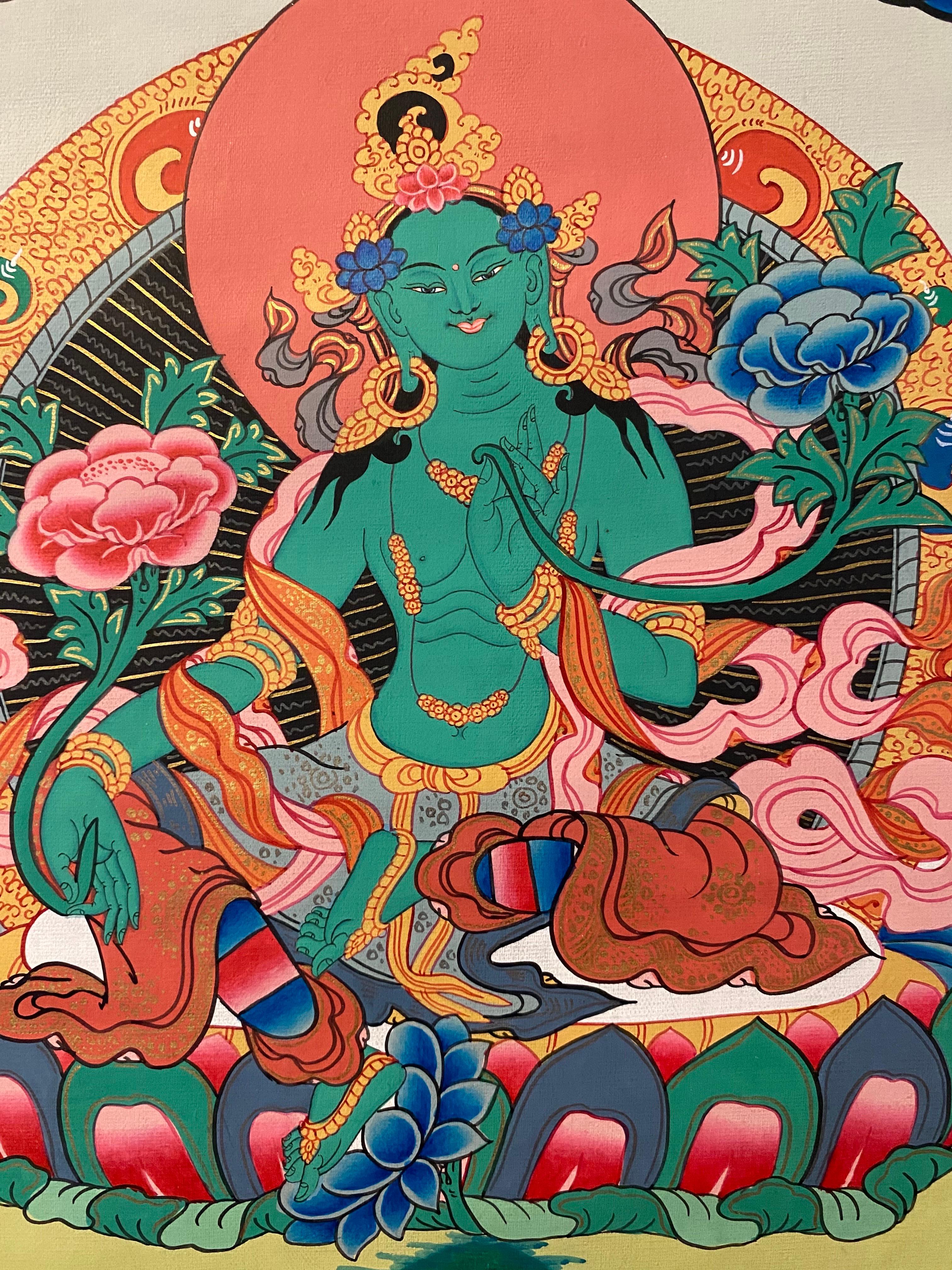 Unframed Hand Painted Green Tara Thangka on Canvas 24K Gold For Sale 3